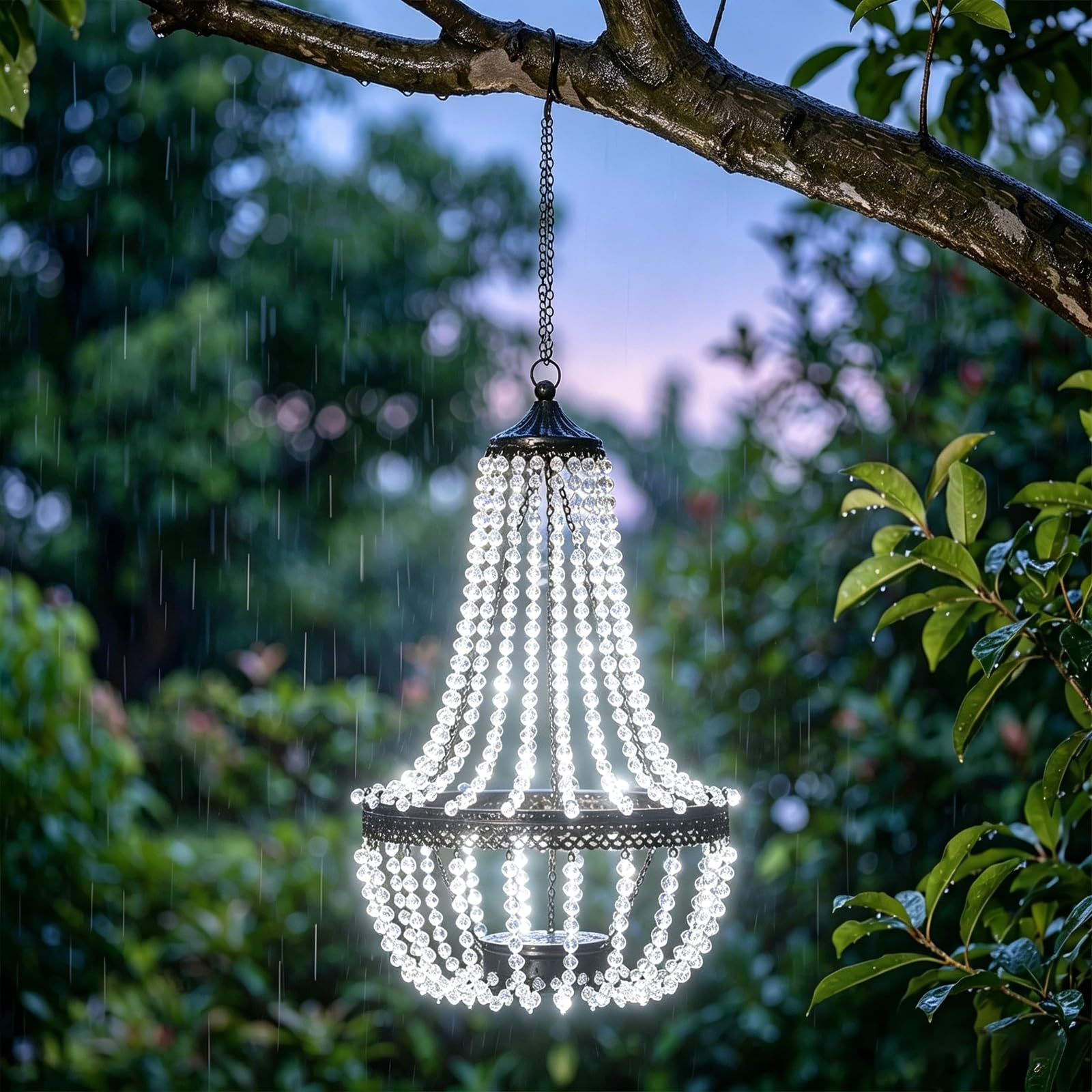 Hanging Solar Powered Acrylic Crystal Chandelier Light, 28” Modern Lantern Outdoor Garden Meadow with 30 Cool White LED Lights, S Hook for Yard, Patio and Gazebo Decorations [Energy Class A]