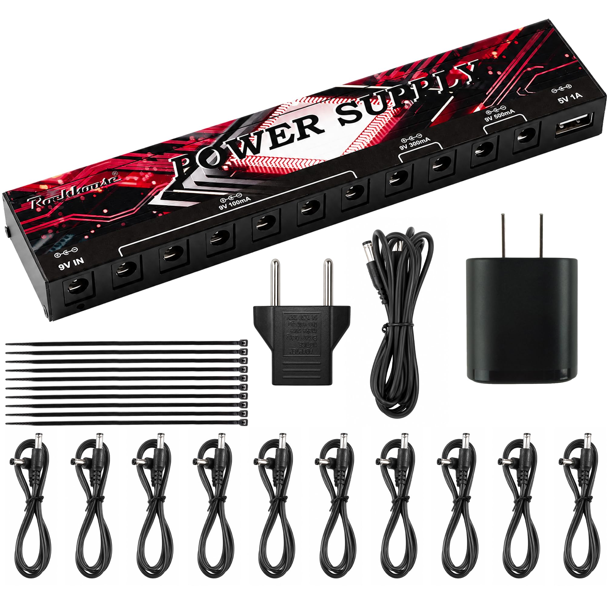 Rockhouse Alimentatore a pedale per chitarra, isolato, 9 V, 100 mA, 300 mA, 500 mA, uscita | Kit completo di alimentazione per effetti chitarra elettrica con cavo DC e adattatore per pedaliera Live Performance
