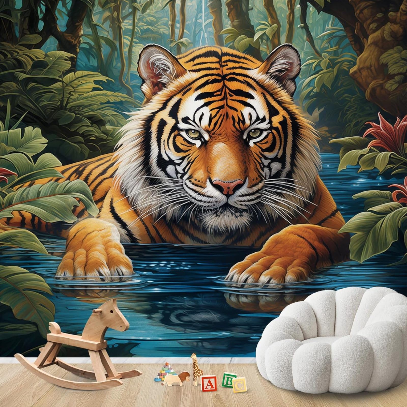 Photo Wallpaper Jungle Animals Tiger Tropical Forest Non-Woven Modern Wall Wallpaper Living Room Bedroom Children's Room Wall Decoration Motif Wallpaper,350cmx256cm Stickers - Frameless Painting - Pos