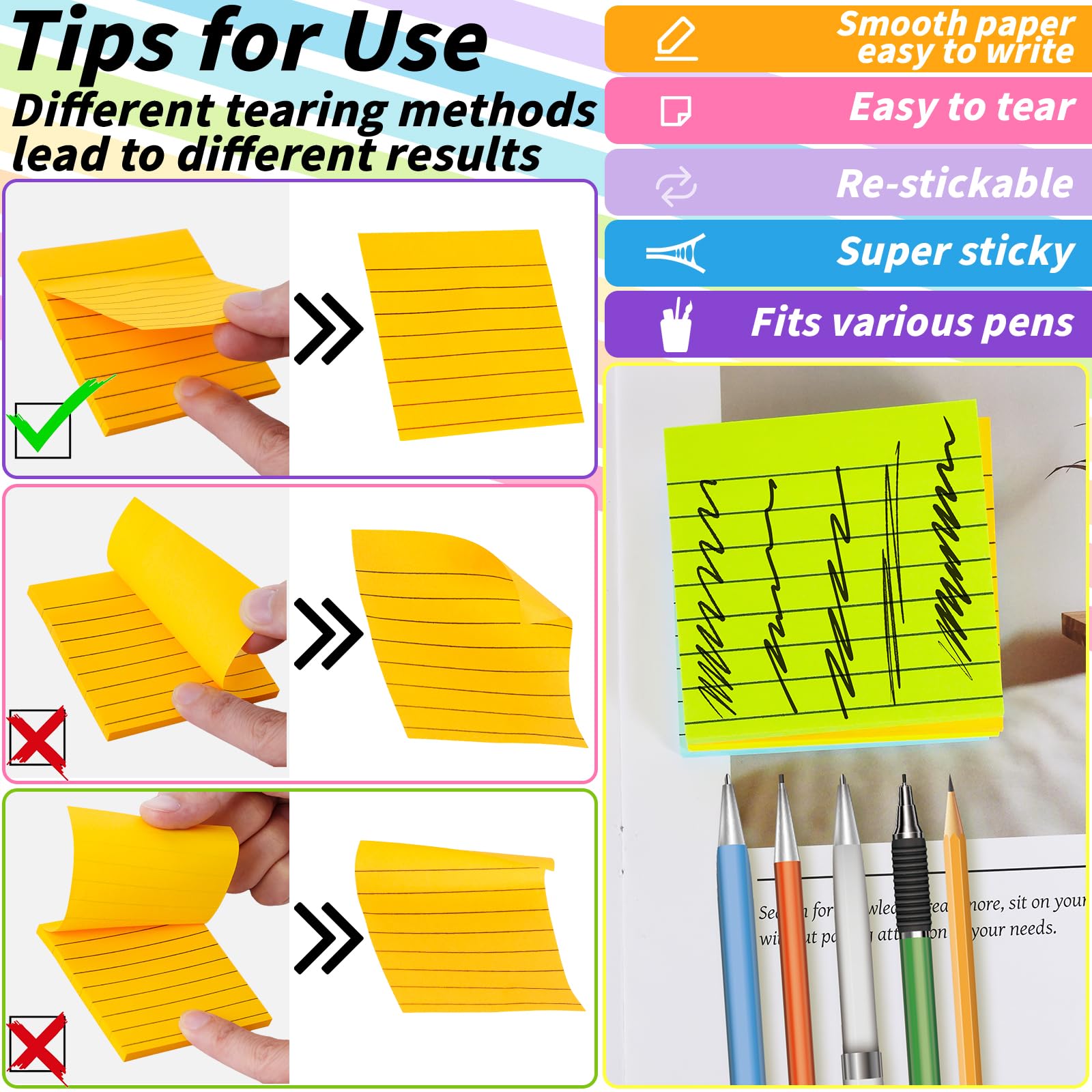 100 Stück linierte Haftnotizen, Großpackung, 7,6 x 7,6 cm, selbstklebende Notizblöcke, bunt, in 20 Farben, selbstklebendes Papier, Memo, 50 Blatt/Block, einfach zu verschicken, für Büro, Zuhause