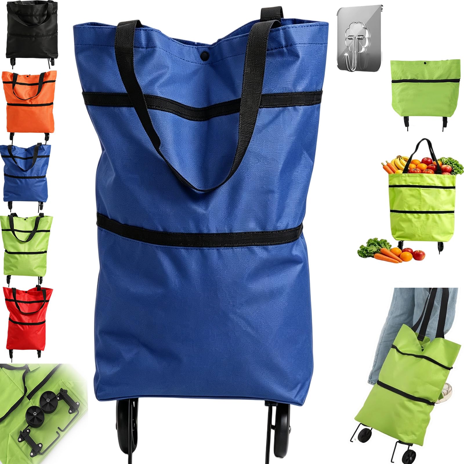 2-in-1 Foldable Shopping Cart with Wheels Lightweight Grocery Trolley，Blue