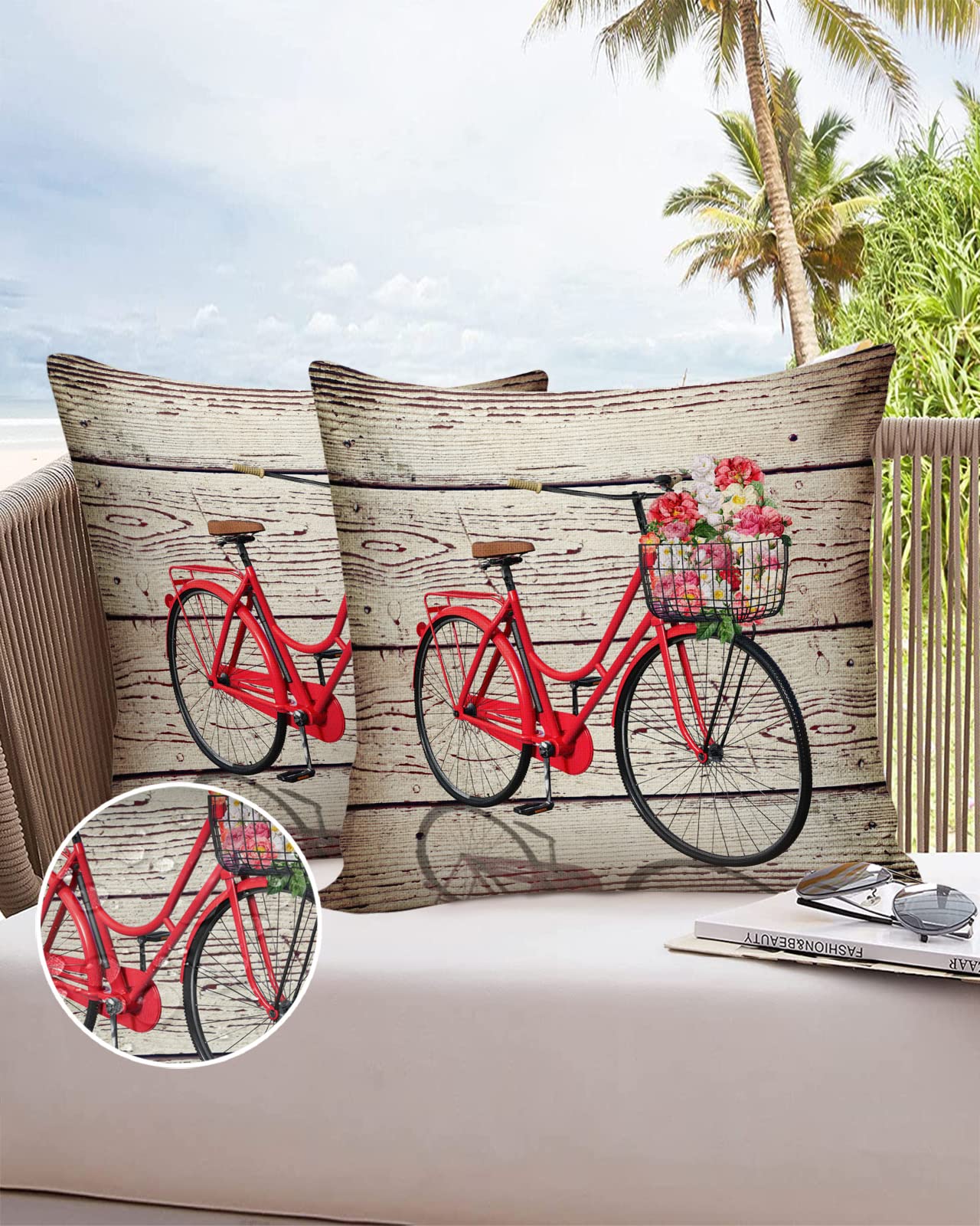 Outdoor Pillow Covers Waterproof, Red Bike with Floral Throw Pillowcase Decorative Cover, Retro Wooden Stripes Grain Garden Cushion Case Set of 2 for Sofa, Couch, Tent, Patio 16