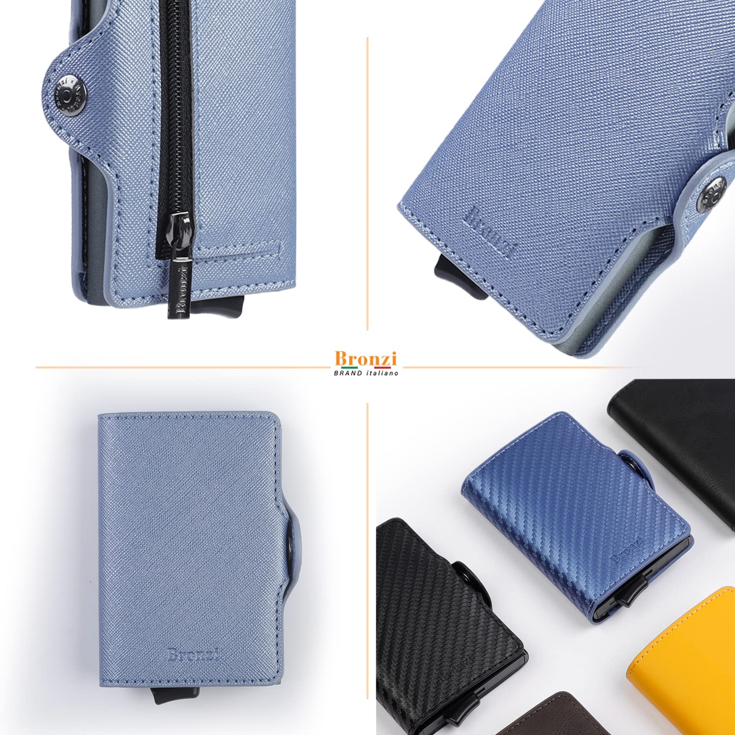 Bronzi Portafoglio Porta Carte Credito - Portafoglio Uomo Donna Slim Portacarte - Mini Porta Tessere - Protezione RFID - Design Smart Italiano Saffiano Grigio