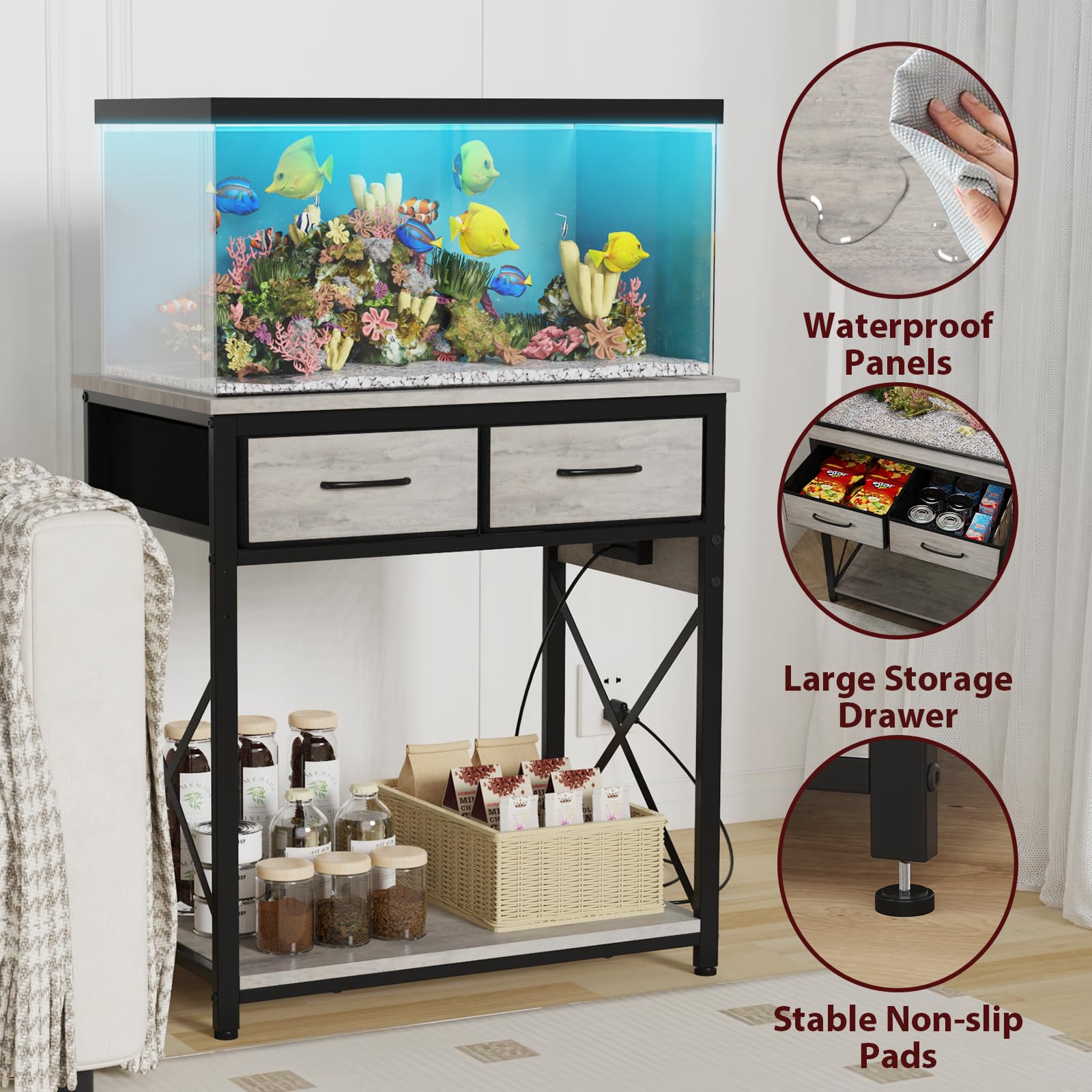 TFK Soporte para pecera de 20-29-37 galones con toma de corriente, soporte de metal resistente para acuario con dos cajones de almacenamiento para almacenamiento de accesorios de pecera, perfecto para
