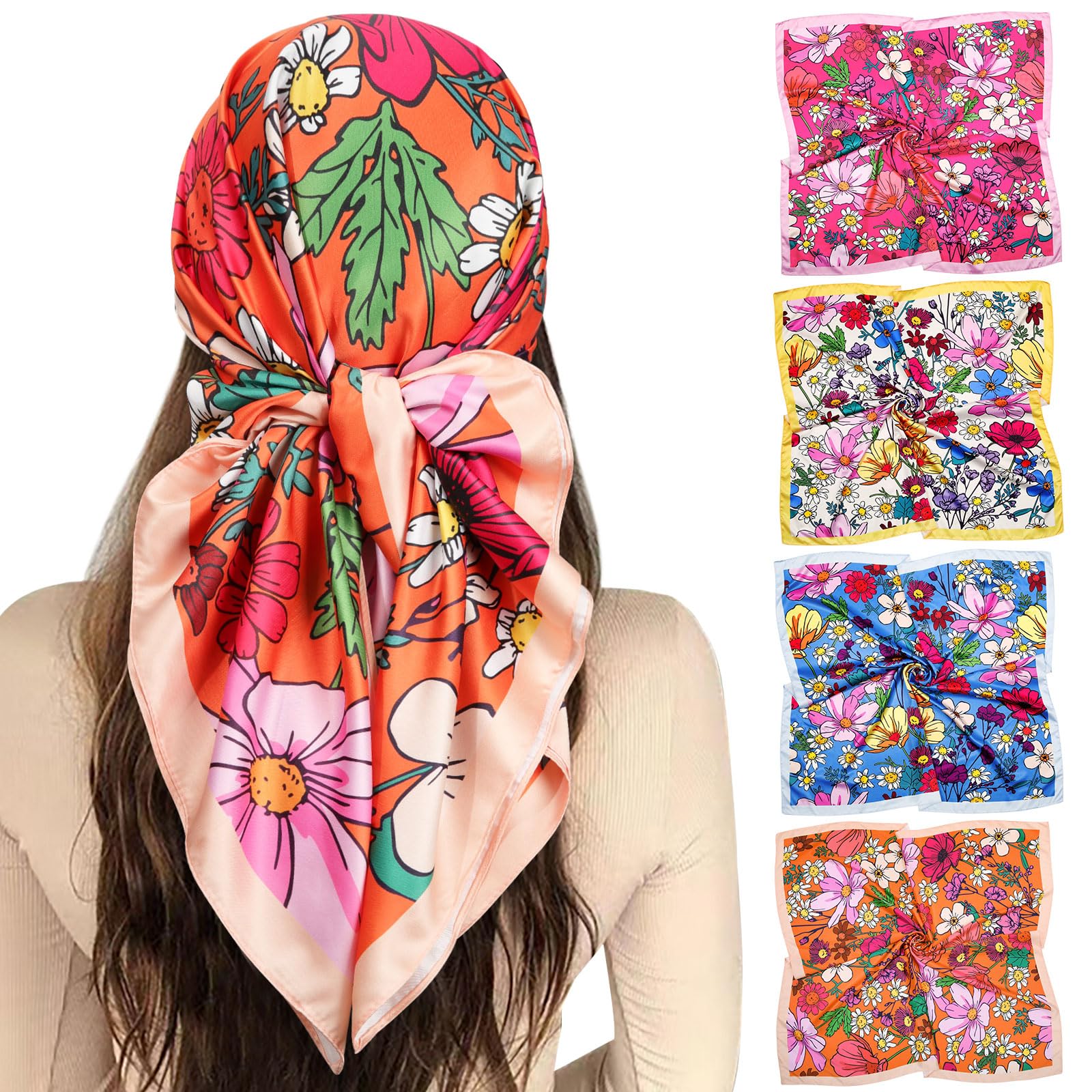 4PCS Satin Silk Head Scarves Bandanas Floral Patterns Silk Head Scarf Pack - Etsy main image 3