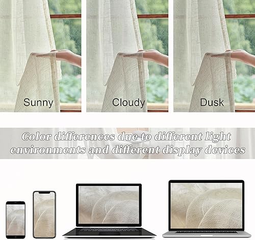 Miniatura 6 de 2 paneles de cortinas traslúcidas de lino beige natural de 84 pulgadas de largo para sala de estar, cortinas con bolsillo con pestaña trasera,