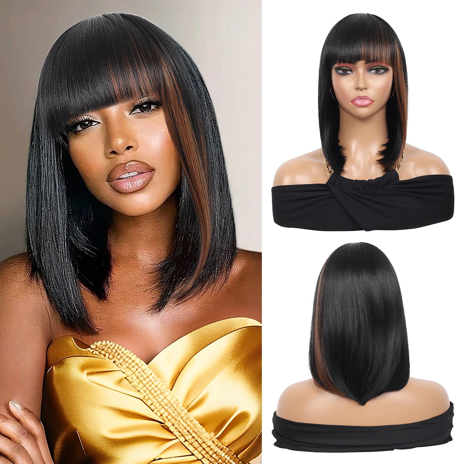 Black & Brown Highlighted Short Bob Wig with Bangs Glueless Natural Look Black with Brown Highlights 13 Inch