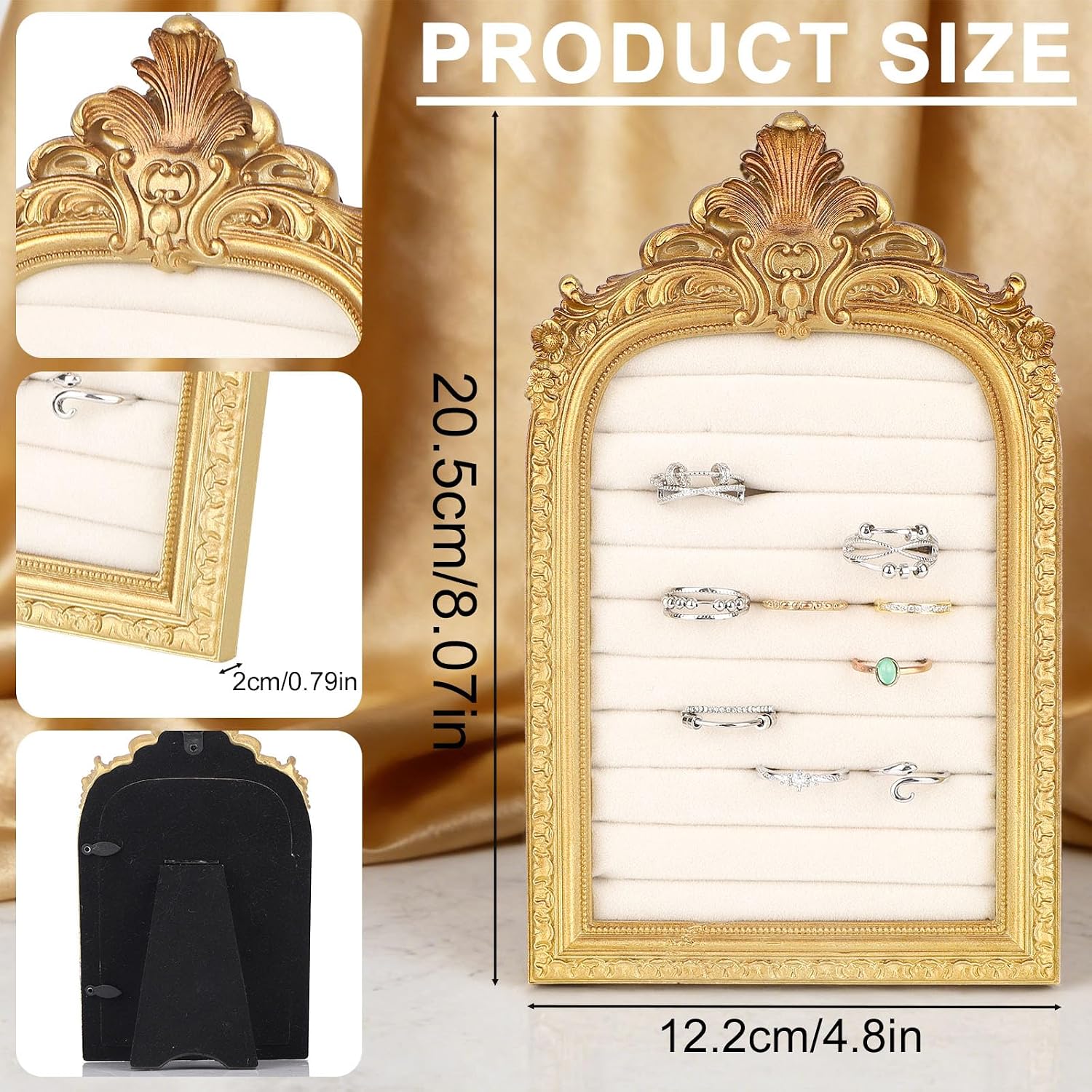 Mikovivi Vintage Ring Display Stand, Gold-Plated Baroque Ring Holder Earring Display Tray Jewelry Organizer Birthday Engagement Wedding Decoration for Women (Arched Style)