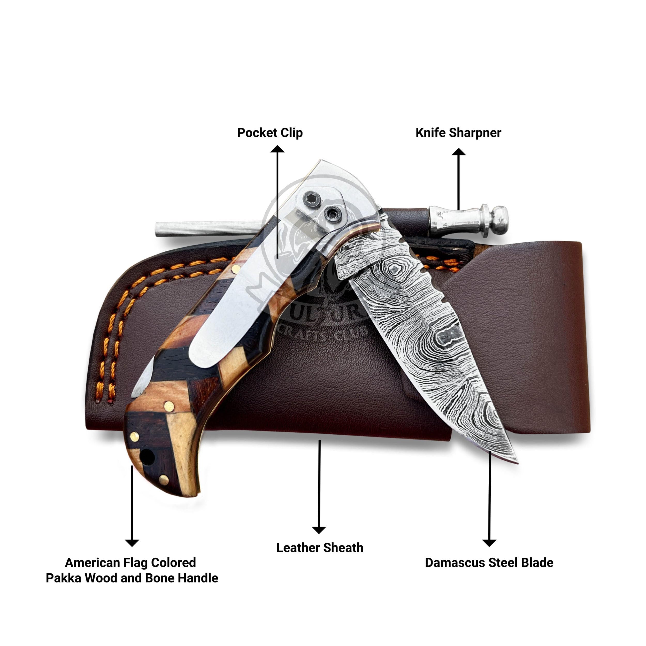 Vulture Crafts Club Damascus - Pocket Knife for Men HANDMADE - Ideal for Him as an Anniversary Present - 6.5 Inches Damascus Folding Knife with Sheath - Best for EDC ,Camping, and Hiking - Pocket Knives with Back Lock
