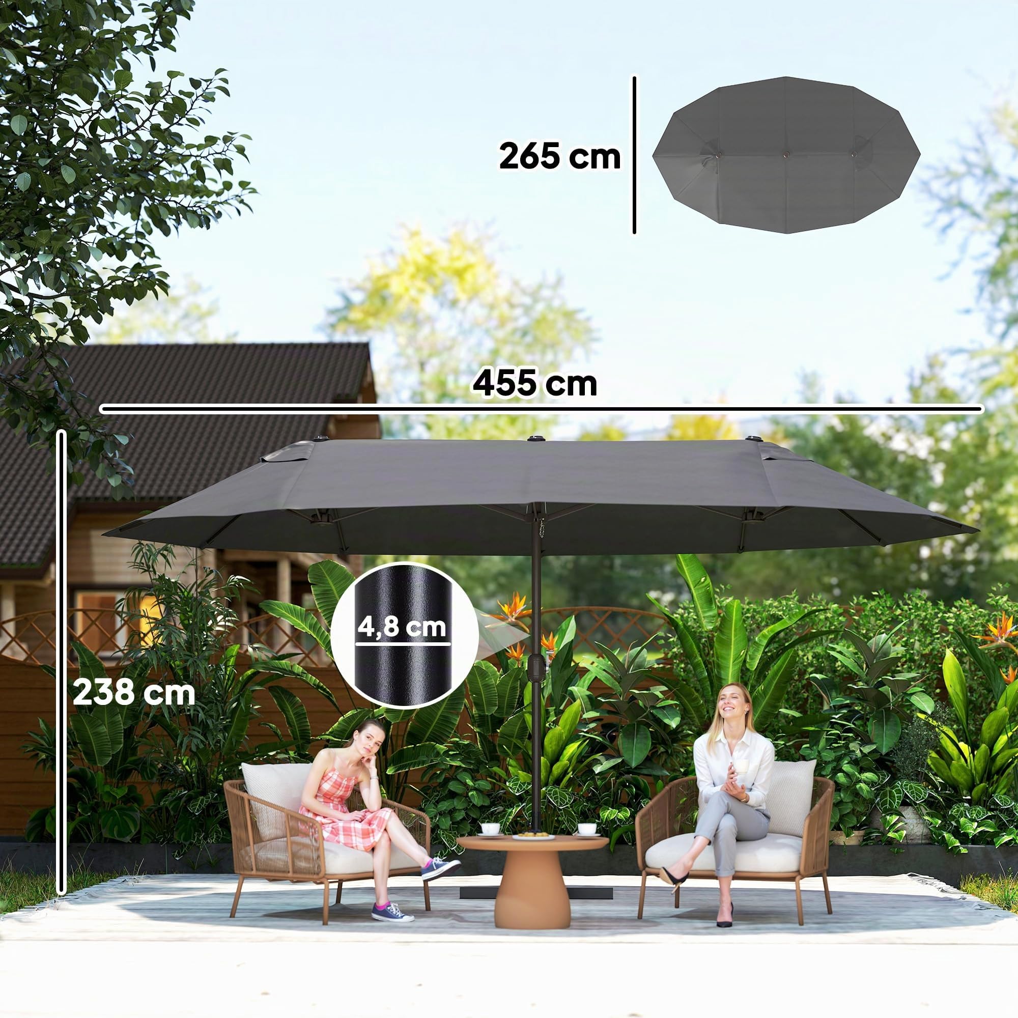 Outsunny Sombrilla Doble con Manivela Manual 4,6x2,7 m Gris | Sombrilla Terraza Exterior, Resistente al Agua, Protección Solar, Gigante para Jardín, Playa Piscina