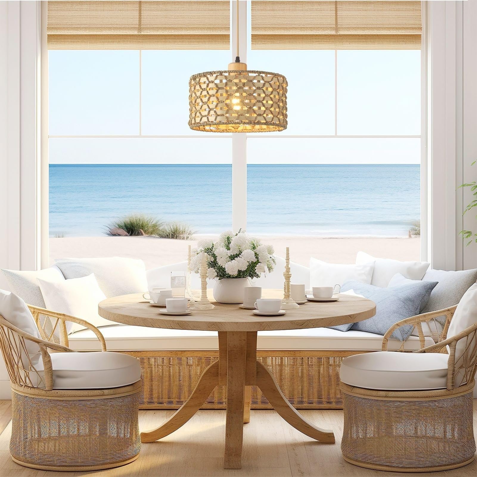 Boho rattan Hängelampe mit batterie,Innen batteriebetriebene Pendelleuchte mit Fernbedienung,Ohne Stromanschluss Hängelampen mit wiederaufladbarer Lichtquelle,Pendellampe mit RGB Farben dimmbar.