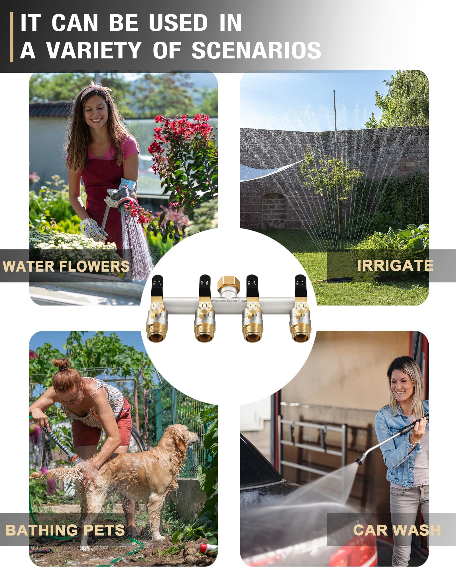 Distribuidor de 4 vías, distribuidor de agua de 4 vías, distribuidor de agua de 4 vías, distribuidor de agua de 3/4 pulgadas, niquelado macizo de gran flujo de jardín, mango de metal extendido (negro)
