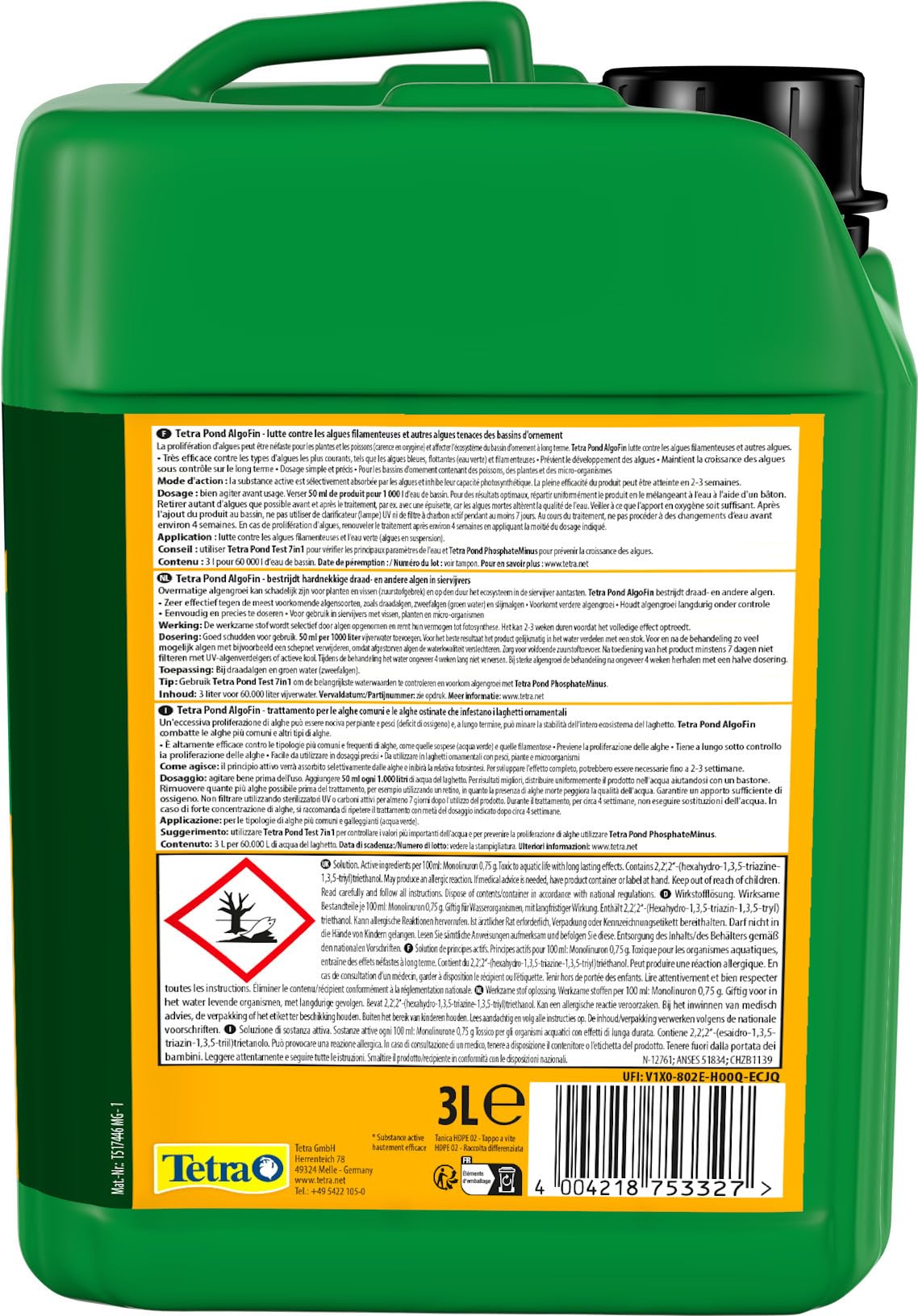 Tetra Pond AlgoFin Teich Algenvernichter - wirkt effektiv bei Fadenalgen, Schwebealgen und Schmieralgen im Gartenteich, 3 L