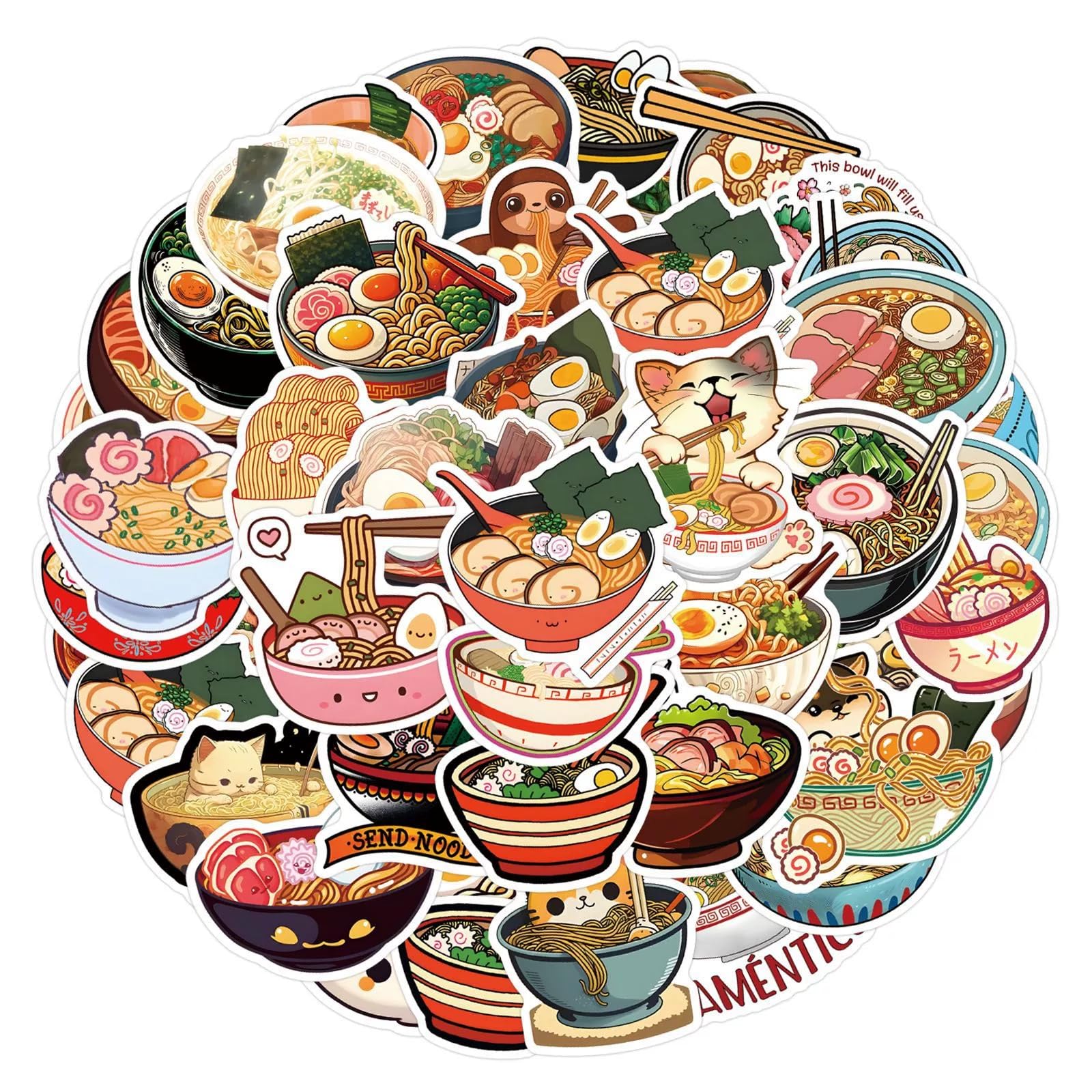 50 Pcs Ramen Stickers for Water Bottle Waterproof Sticker for Laptop Skateboard Phone Car Decals for Teens Adults for Party Favors Supplies Decor (Ramen Stickers) - Image 2