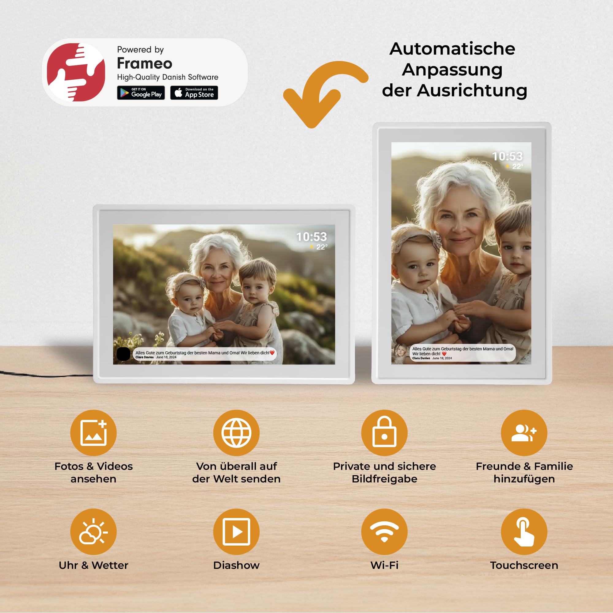 Denver Digitaler Bilderrahmen Weiß 10,1 Zoll mit WLAN – Frameo Digital Photo Frame mit Touchscreen & 16 GB – Elektrischer Bilderrahmen mit App-Steuerung - USB & microSD | Bilder per Handy, SD-Karte