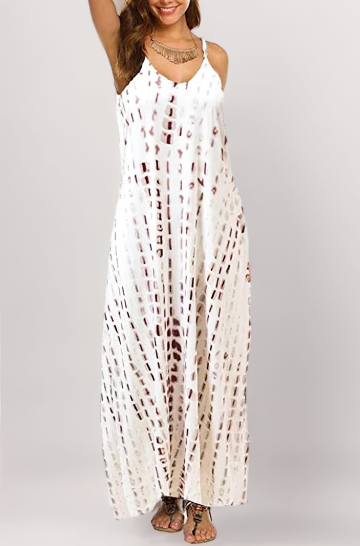 Supnier Women's Summer Maxi Dress Casual V-Neck Sleeveless Bohemian Spaghetti Strap Floral Long Maxi Dress with Pockets, A-acoffee, Small