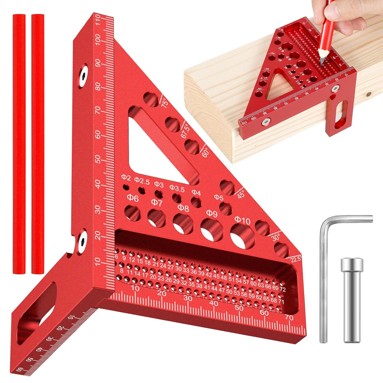 3D Multi-Angle Versatile Carpenter Square Scribing Ruler, 22.5-90 Degree and Miter Triangle Ruler with Drill Guide Holes, Aluminum Alloy Angle Measuring Tool with Two Woodworking Pencils