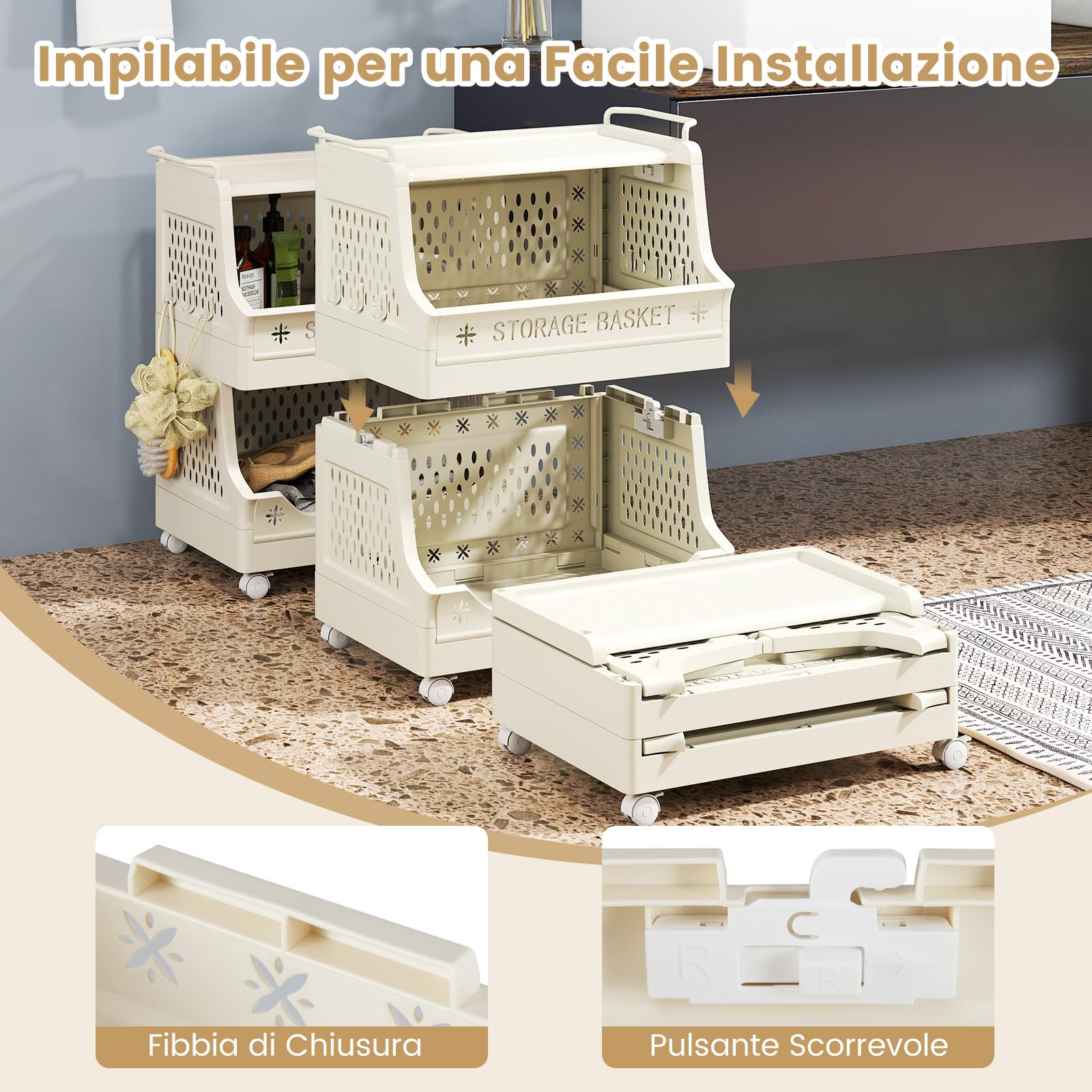 COSTWAY Carrello Portaoggetti Impilabile a 3 Piani con Ruote, Organizzatore in Plastica con Maniglie e Ganci, per Lavanderia, Bagno e Soggiorno (3 Livelli)