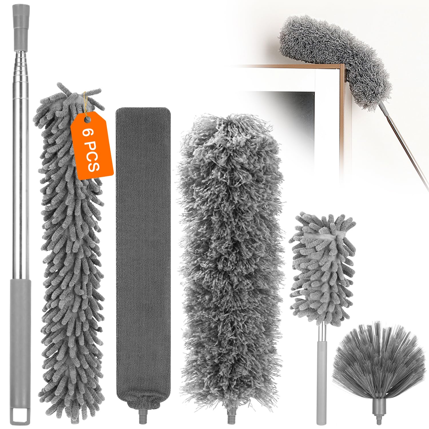 6 Pezzi Spolverino per Polvere Microfibra Lavabile, Togli Ragnatele Allungabile 27-256 cm,Bastone Telescopico per Pulizia, Spolverino Telescopico per Ragnatela,TV,Ventilatori Soffitto,Tapparelle,Tetti