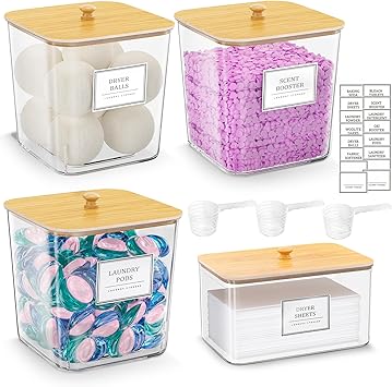 Laundry Pods Storage Container, Clear Laundry Room Organization and Storage ,Detergent Powder Container,with Wooden Lids & Labels, 3+1 Pack