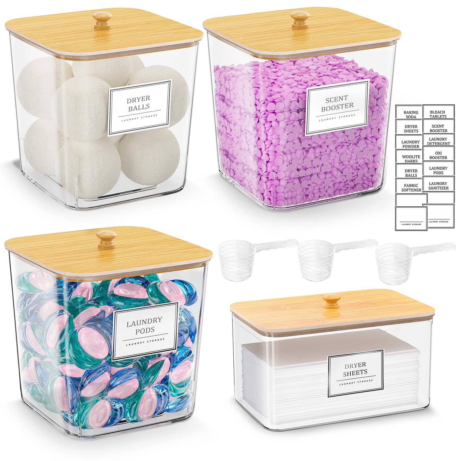 3+1 Laundry Pod Storage Boxes with Wooden Lids and Labels for Detergent Powder, Fragrance Booster for Laundry Room Organization, Clear