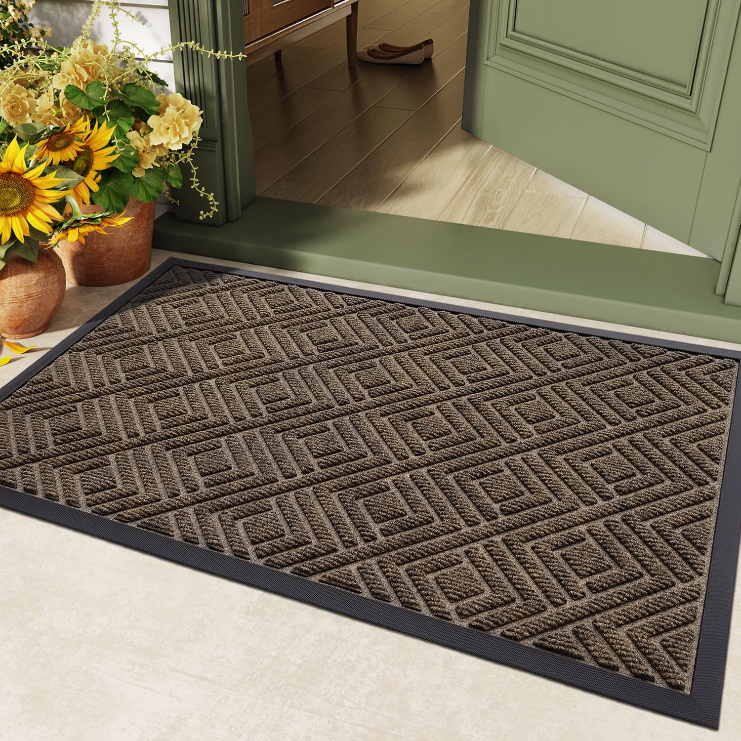 DEXI Door Mat, Durable Heavy Duty Outdoor Indoor Doormat, Stain and Fade Resistant, Low Profile, Non Slip Front Door Mats, Easy Clean Patio Entryway Floor Mat, 32"x48", Brown