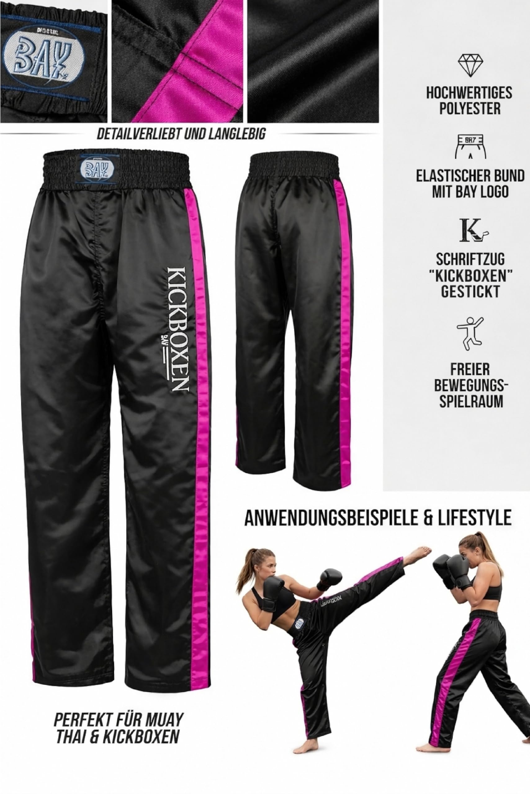 BAY Edel Stick Kickboxhose Kampfsporthose Schwarz lang Streifen in Pink seitlich Polyester gestickter Schriftzug Erwachsene Damen Herren Kinder Jungen Mädchen Größen 4XS - L