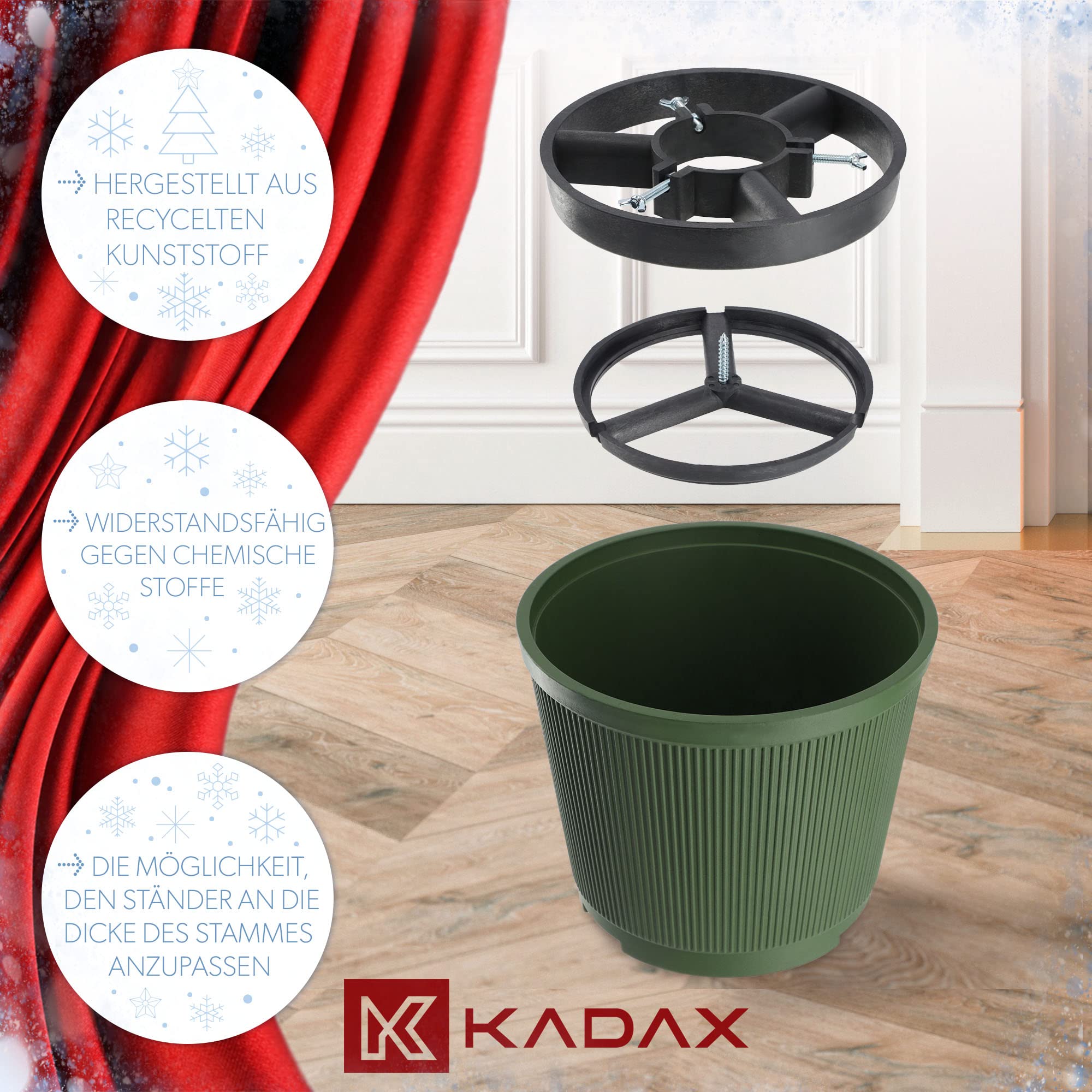 KADAX Support de sapin de Noël, en plastique recyclé, pour un vrai arbre, pied de sapin (hauteur de l'arbre jusqu'à 250 cm / vert)