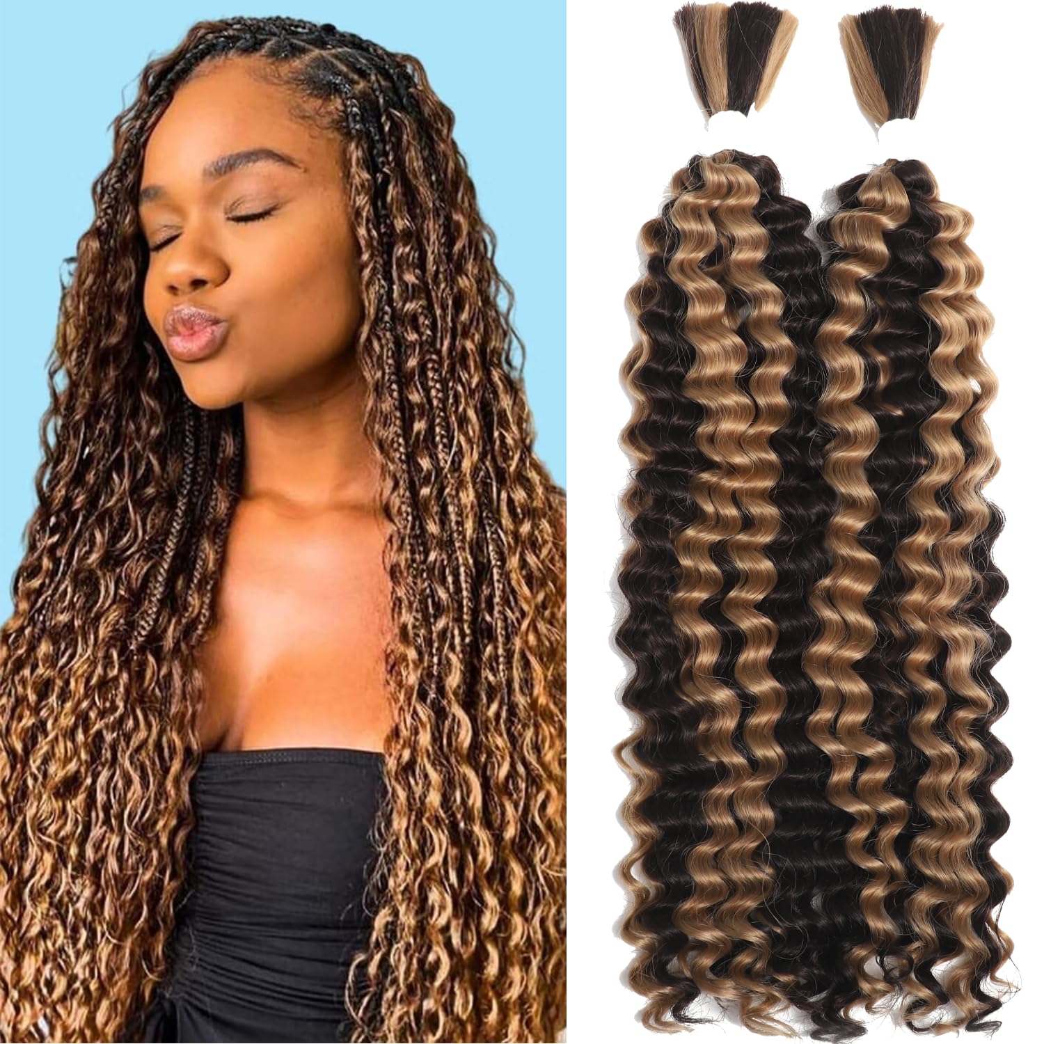 Human Braiding Hair Mixed Synthetic Braiding Hair for Boho Braids 2 Bundles 160g P4/27 Ombre Deep Wave Bulk Human Hair for Braiding No Weft Hair Extensions Wet and Wavy Braiding Hair 24inch(P4/27) 24 Inch P4/27