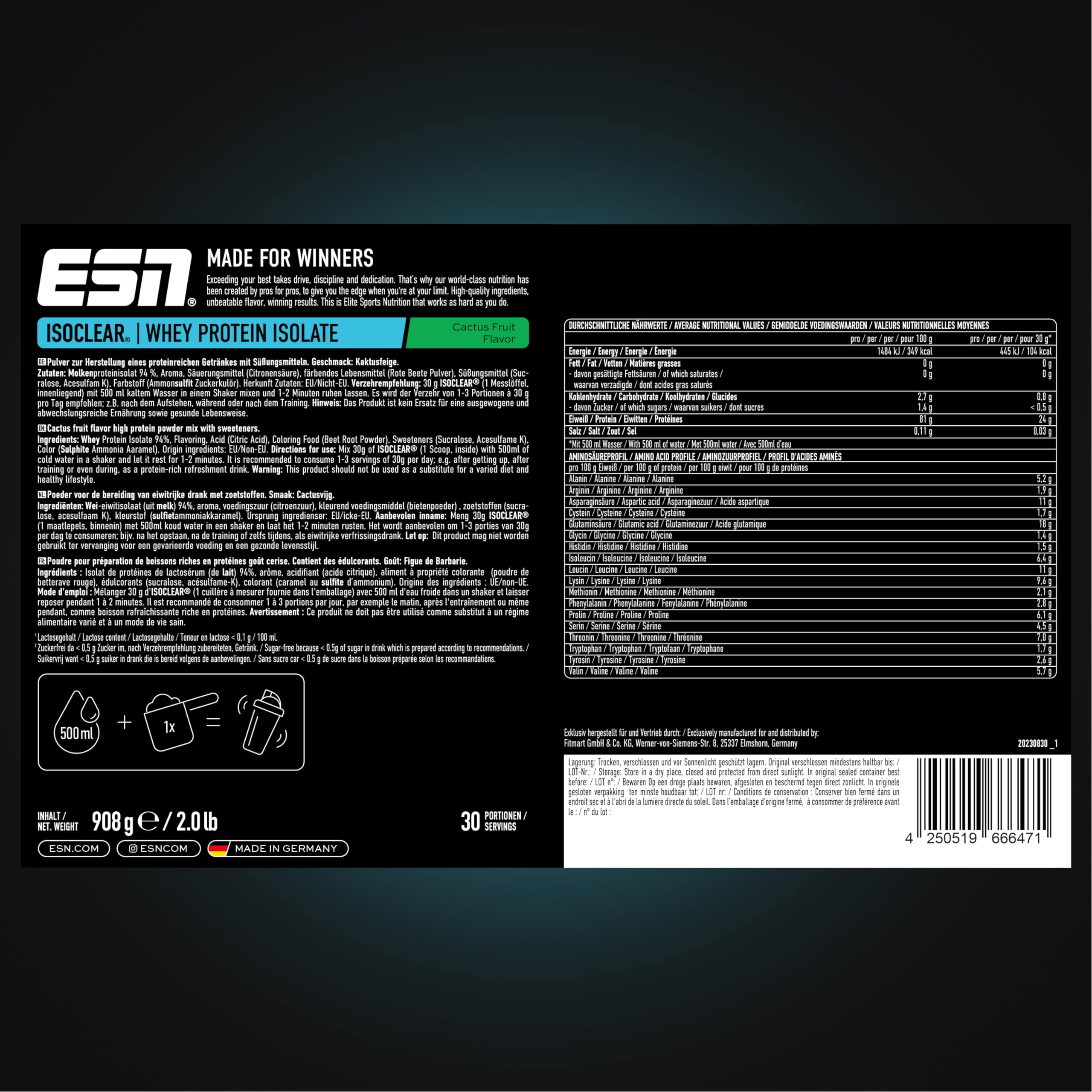 ESN ISOCLEAR Whey Isolate Proteinpulver, Cactus Fruit, 908 g, Proteinlimo mit fruchtig leckerem Geschmack - made in Germany