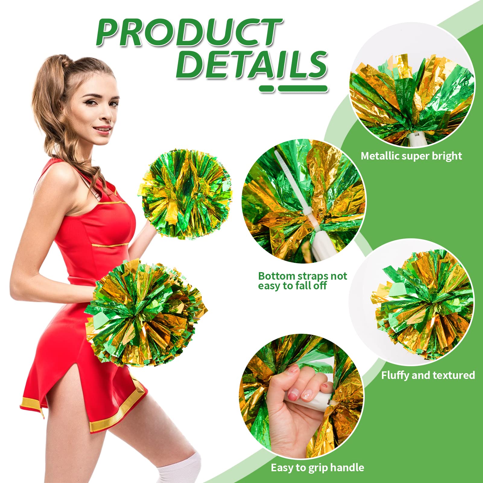 Creatiee metaliczne pompony cheerleaderki dla dzieci, 2 pary cheerleaderek, cheerleaderki, pompony dla chłopców, dziewcząt, szkoły, gry sportowe, duch drużyny, cheerleaderka, zielone złoto, 4 szt