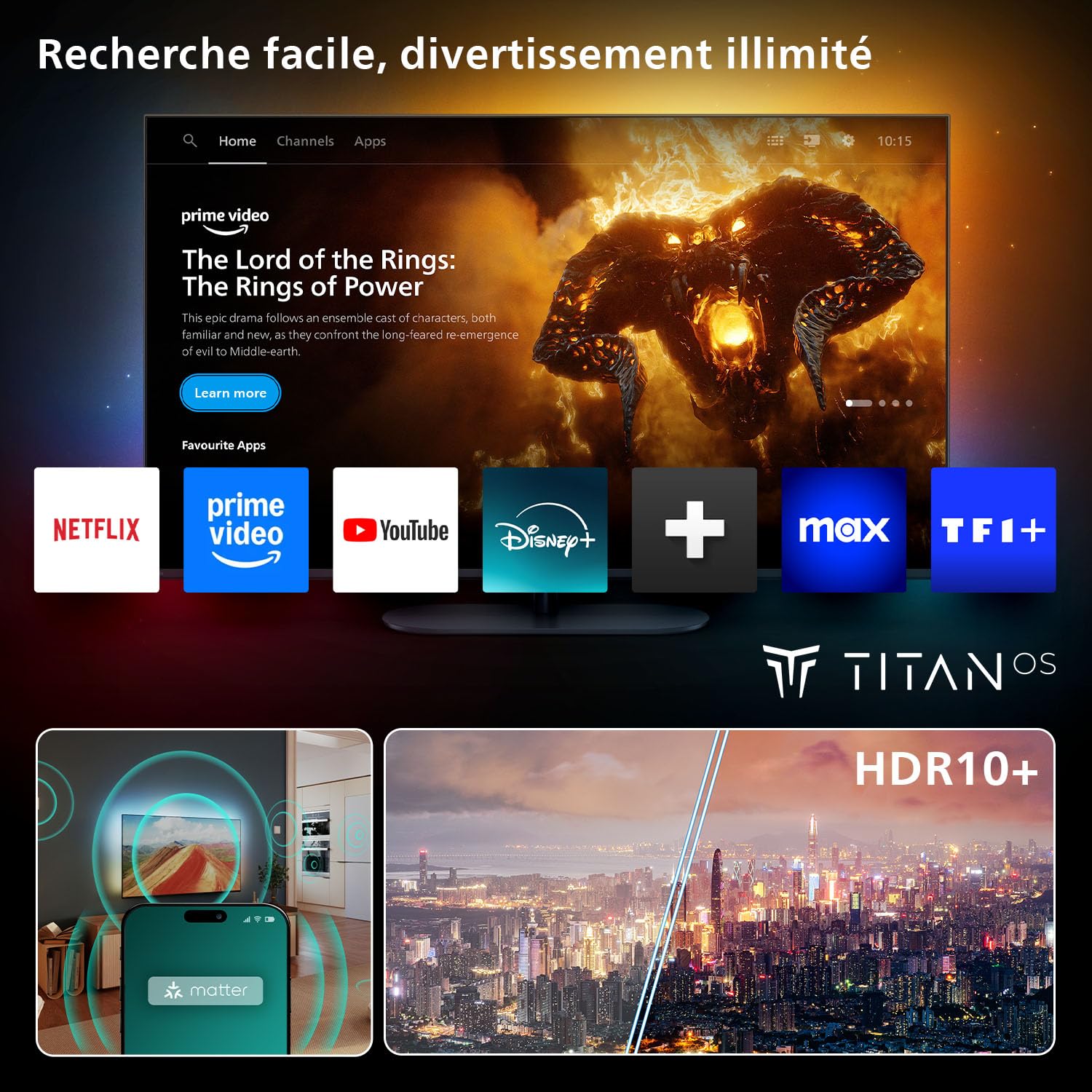 Philips Ambilight 55PUS8000 4K LED Smart TV - Écran 50 Pouces avec Plateforme Pixel Precise Ultra HD, Titan OS et Son Dolby Atmos, Compatible Alexa et Assistant Vocal Google
