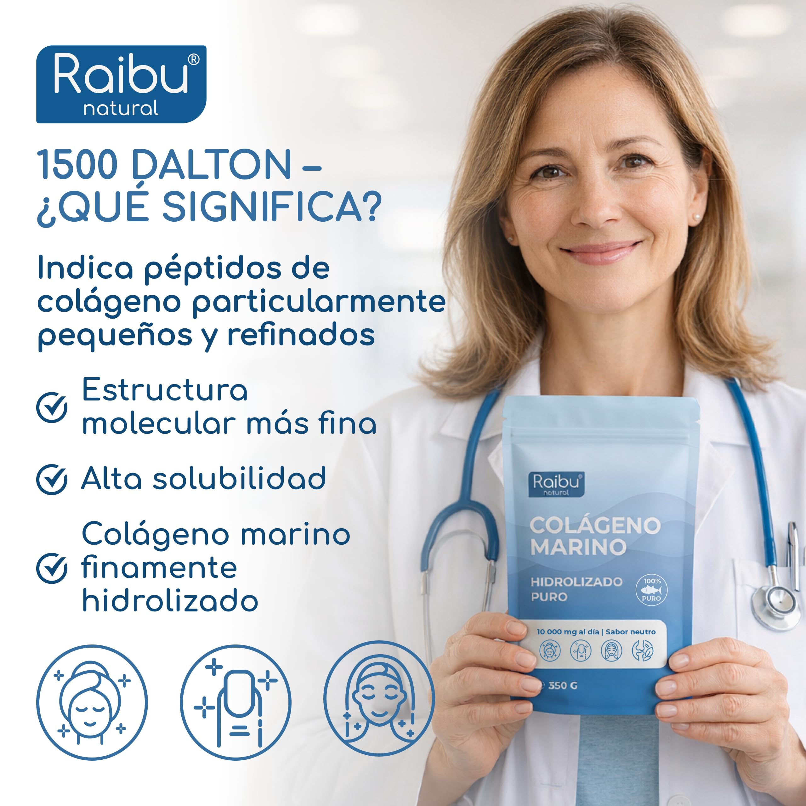 Colágeno Marino en Polvo - 100% Puro, 10.000 mg de Péptidos de Colágeno Hidrolizado Tipo I - Suplemento para la Piel, el Cabello y las Uñas - Sin Sabor, Sin Gluten, Sin Azúcares