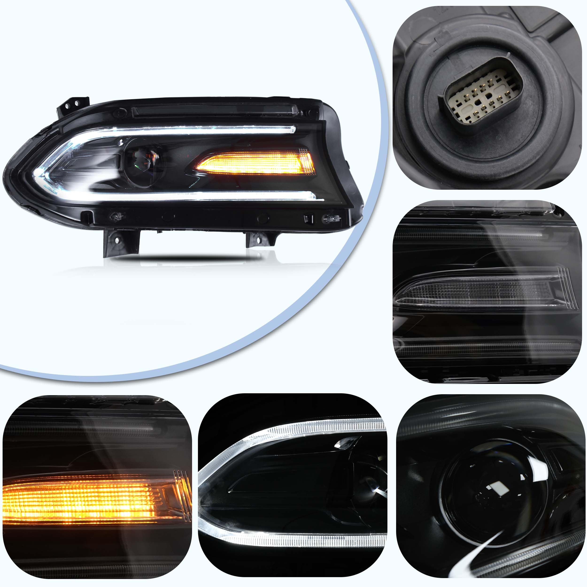 VLAND Reflektory LED dla Dodge Charger 2015 2016 2017 2018 2019 DRL z podwójną soczewką Zestaw czołowej lampy czołowej (RGB)