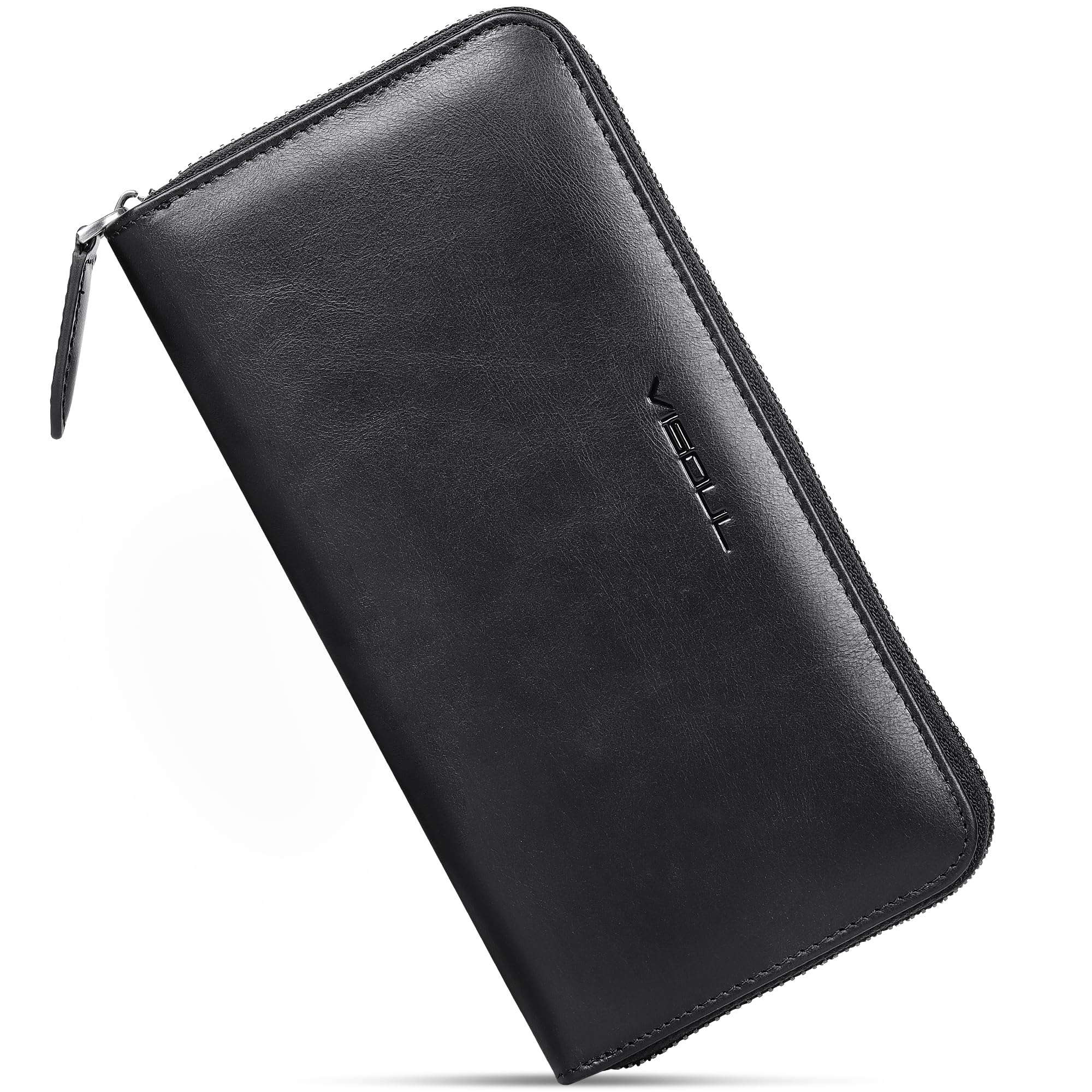 Leather Long Zipper Pouch Wallet for Men and Women with RFID Blocking, Large Clutch Cash Long Wallet with Zipper (Black)