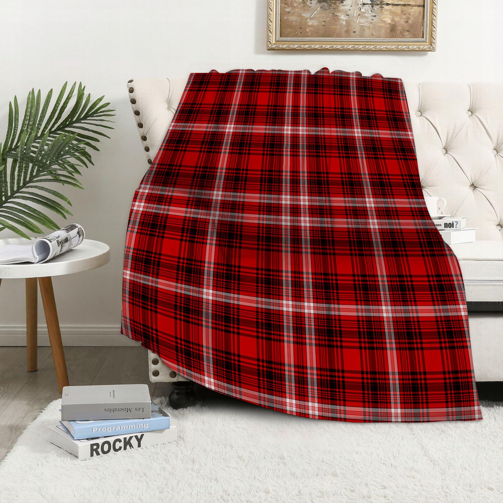 Kuscheldecke Flauschig Decke Fleecedecke Nahtloses rot-weiß-schwarzes Karomuste Wohndecke Warm Winter Weich,Decke Couch Blanket,Wohn- & Kuscheldecken 150 x 200 cm,Sofa überwurfdecke