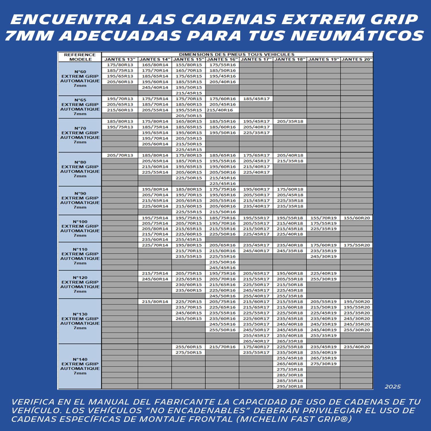 MICHELIN EXTREM GRIP, Cadenas de nieve metálicas 7 mm, tensión automática, N°90