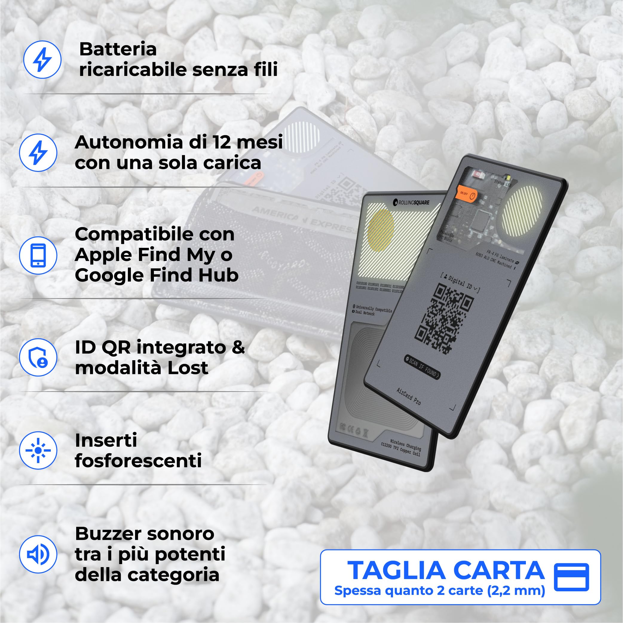 Rolling Square AirCard Pro Dual – Wallet Tracker Android e Apple, Localizzatore Bluetooth Compatibile con Apple Find My e Google Android Find Hub, Ricarica Wireless - Air Tracker Tag Card Grigio - 2pz