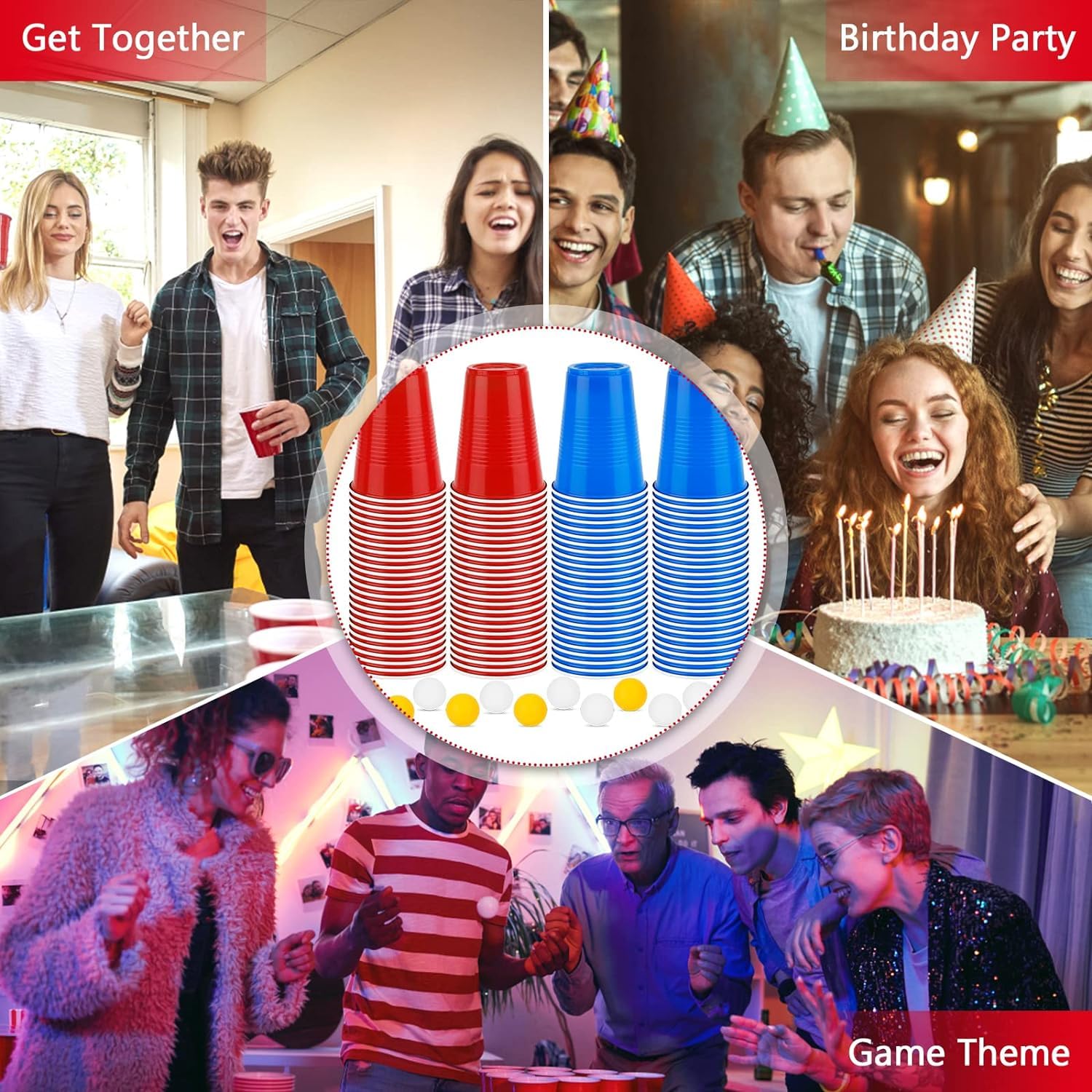 LATERN 100 Pezzi Bicchieri di Plastica Riutilizzabili, 480ml Tazze da Birra-Pong con 25 Coppe Rosse, 25 Coppa Blu, 25 Coppa Verde, 25 Coppa Arancione, 10 Giochi Palline da Ping Pong per Gioco Festa
