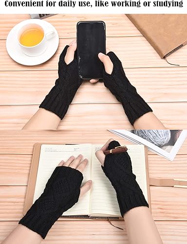 Miniatura 5 de SATINIOR 4 pares de guantes sin dedos para mujer, guantes de punto medio con agujeros para los dedos, calentadores de muñeca