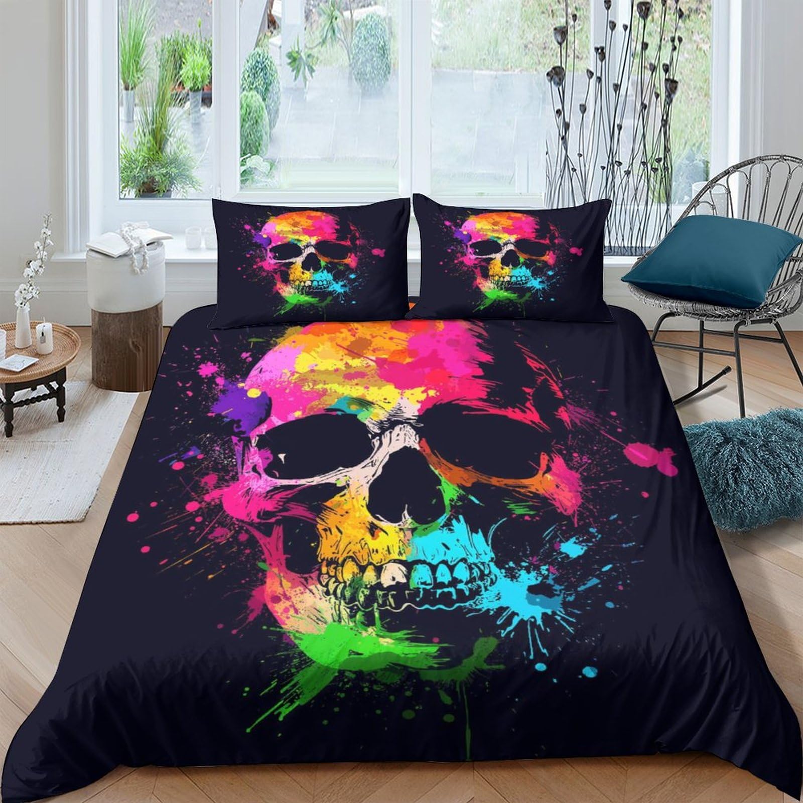 NRAOPEVVD Skull Duvet Cover 3 PCS Hotel Quality Quilt Cover Bedding Set Bed Covers with Pillowcases with Zipper Closure Ultra Soft Hypoallergenic Microfiber King（220x240cm）