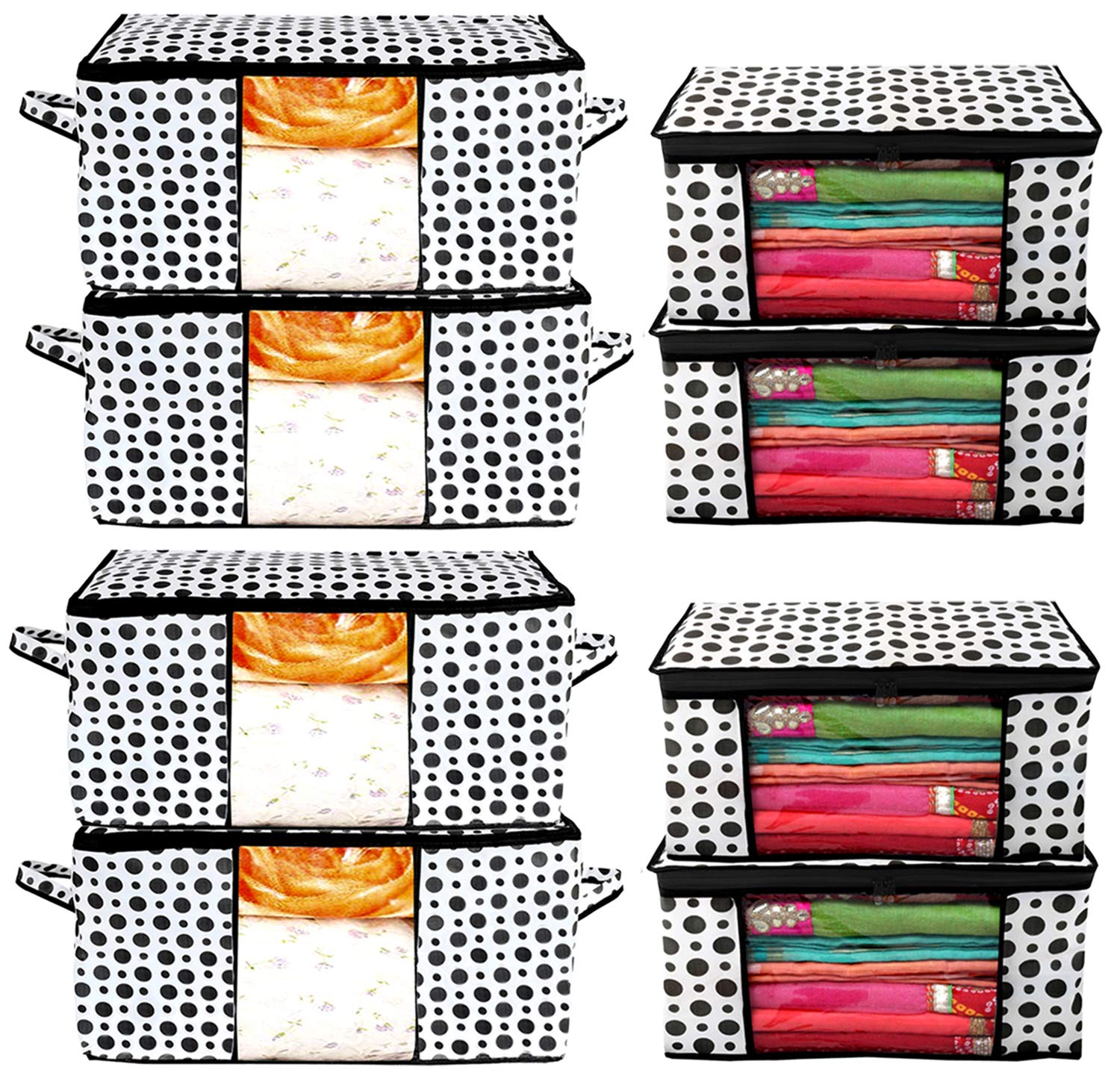 Kuber Industries Polka Dots Design 4 Piece Non Woven Saree Cover and 4 Pieces Underbed Storage Bag, Storage Organiser, Blanket Cover (Black & White) -CTKTC038123