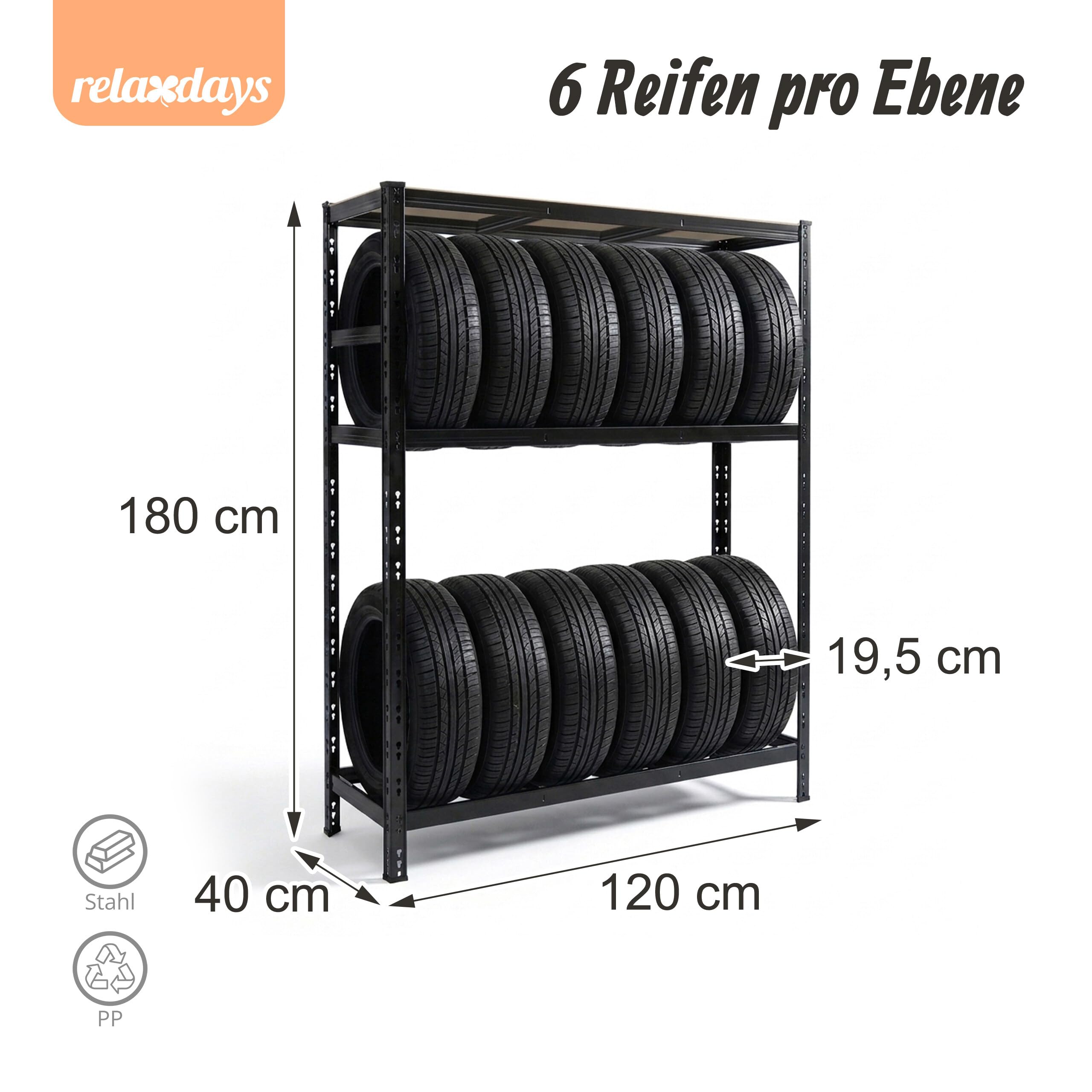 Relaxdays Reifenregal für 12 Reifen, HxBxT 180 x 120 x 40 cm, 450 kg, Stahl, Stecksystem, Reifenlager Werkstatt, schwarz