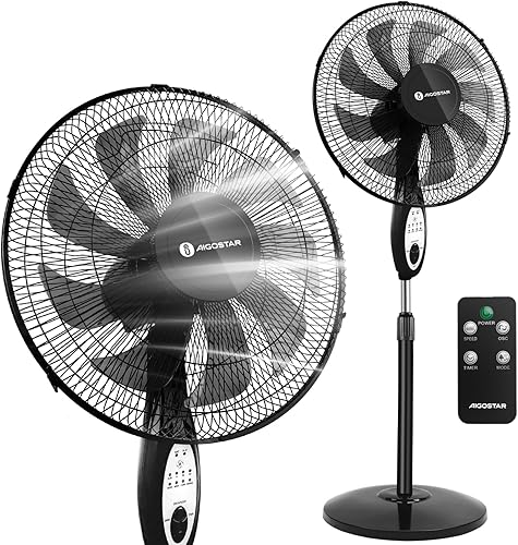 Miniatura 1 de Aigostar Ventilador de pedestal de 9 aspas con control remoto, ventilador oscilante de 16 pulgadas para dormitorio, 3 velocidades y 3 ajustes de