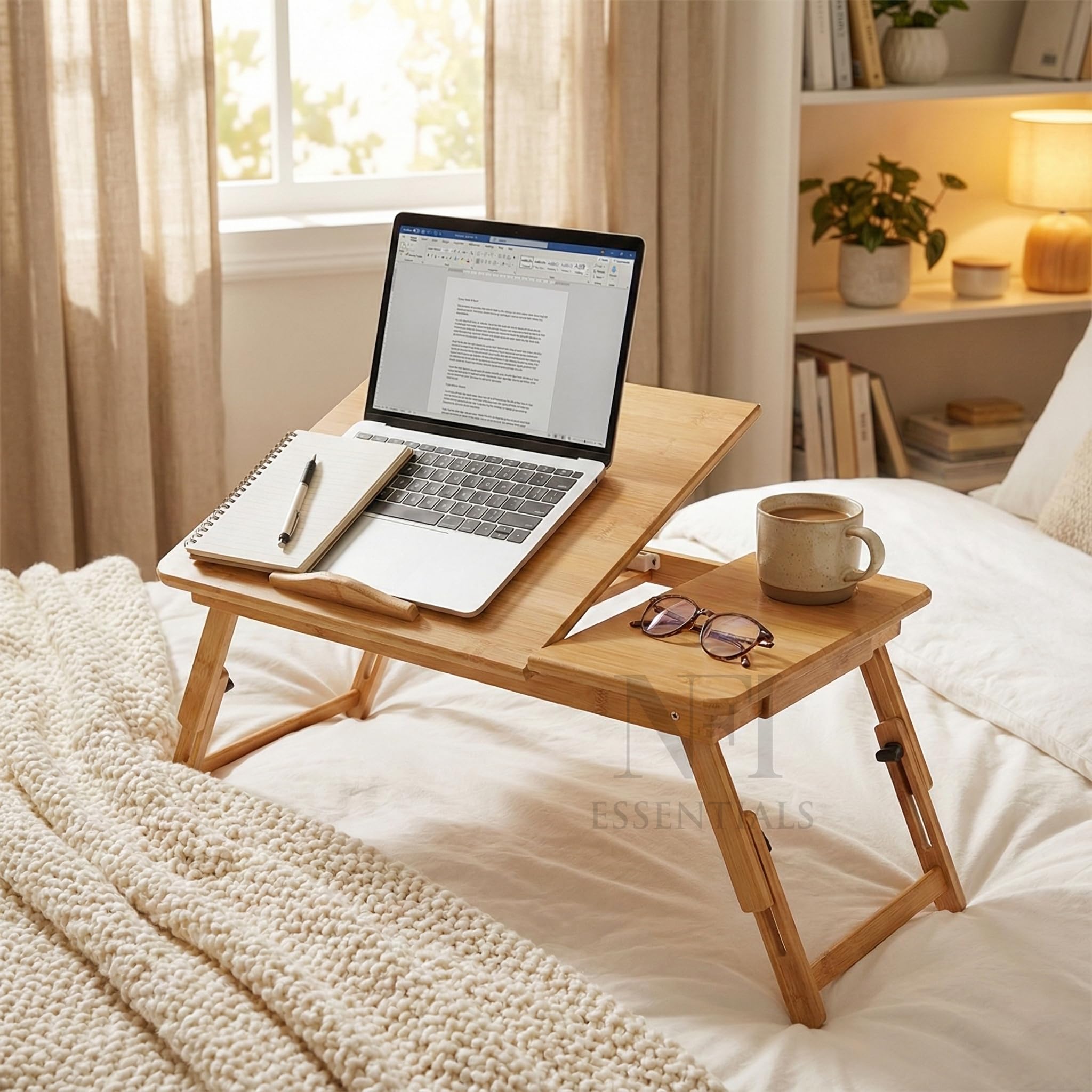 NFI essentials Bamboo Wood Foldable Laptop Table, Adjustable Portable Study Table, Study, Writing, Drawing & Activity Table with Adjustable Height, Bed Tray (55x35cm) 1