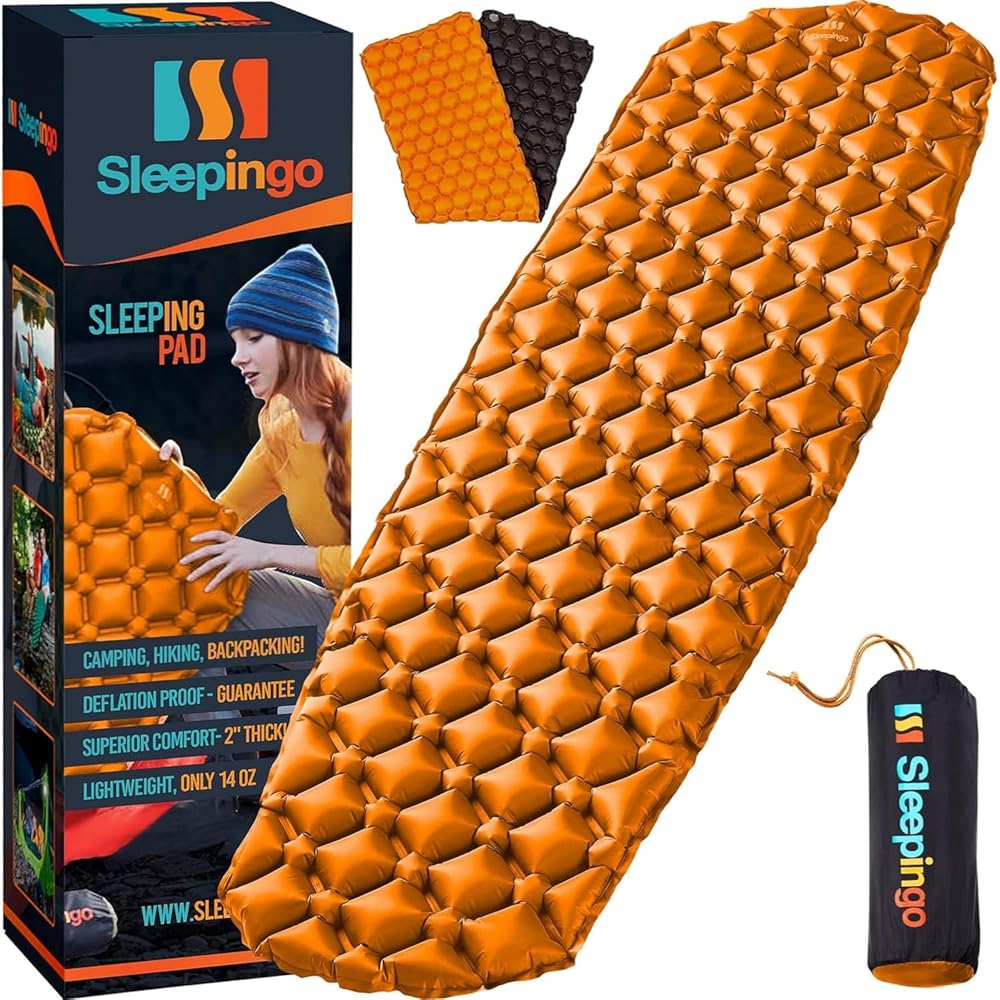 Sleepingo Inflatable Mat - Ultralight Sleeping Pad for Camping and Backpacking - Compact Air Mattress - Camp Mat with Tear-Resistant Ripstop Nylon - 73.5 x 21.5 Inches, Black and Orange