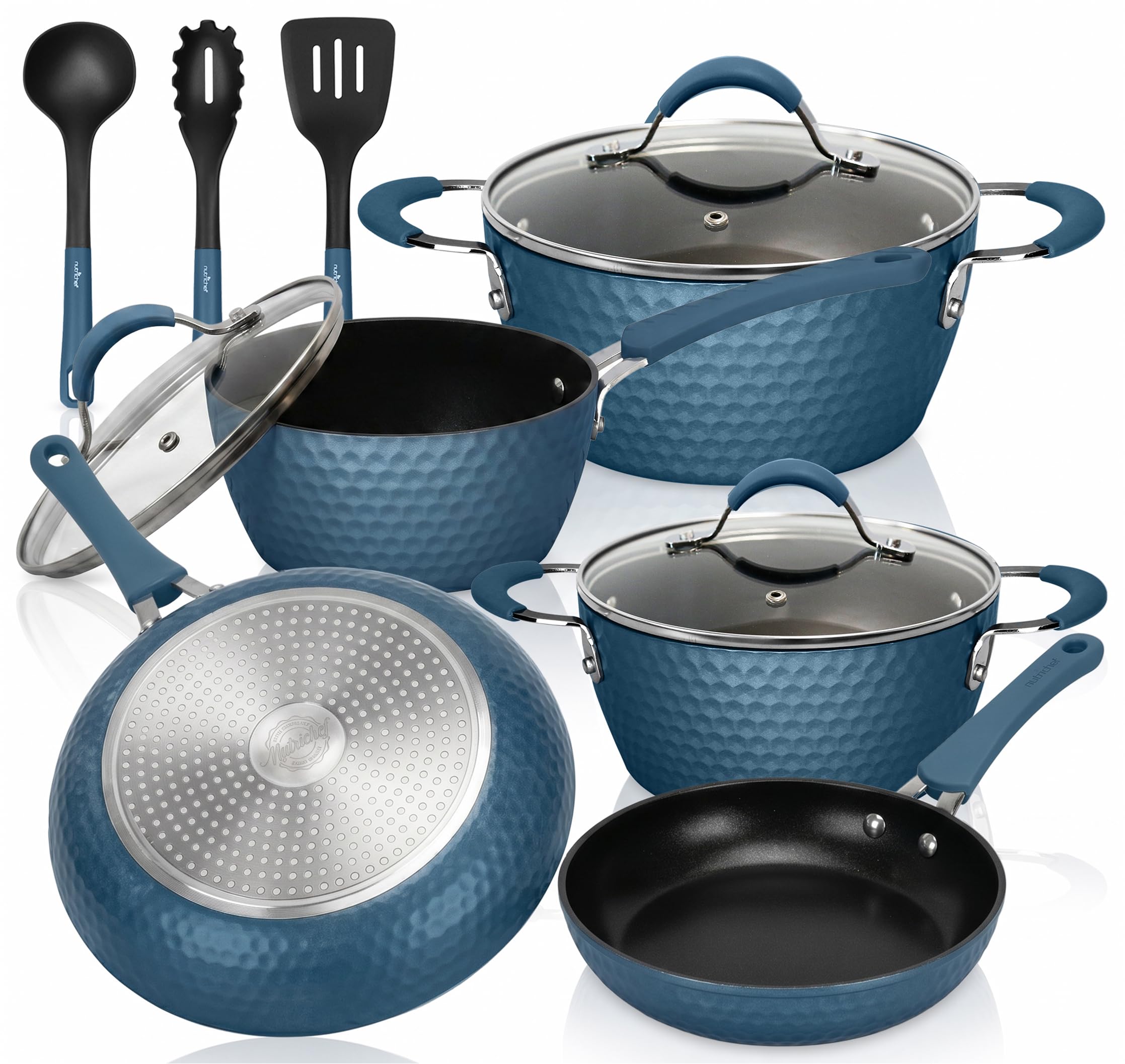 NutriChef Zestaw garnków i patelni, nieprzywierające naczynia kuchenne z powłoką ceramiczną, ergonomiczne uchwyty, gotowe do indukcji, zawiera rondel, piekarnik holenderski, duże i małe patelnie