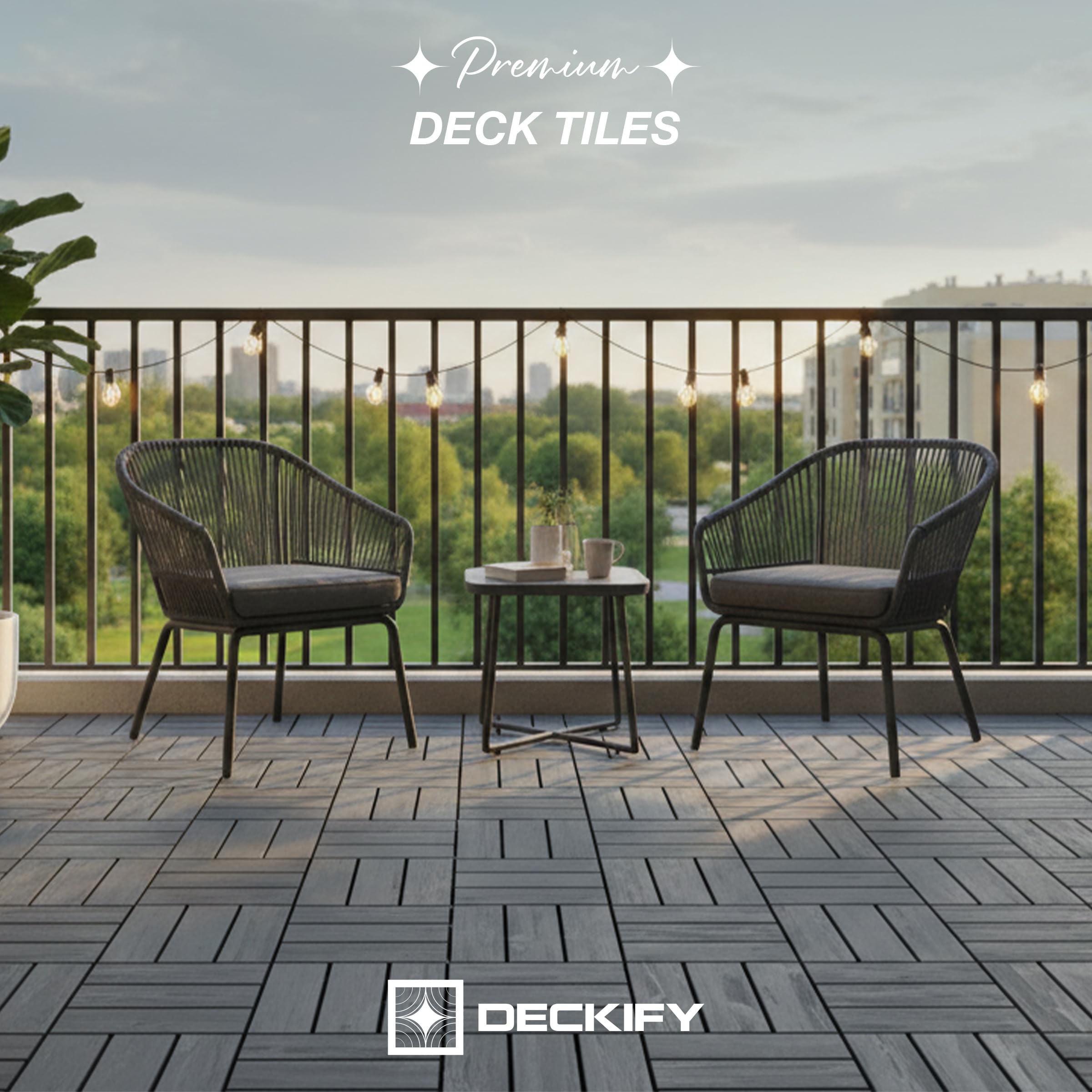 Condition photo showing New/Like New for 9pcs premium acacia wood interlocking patio deck tiles, 12 x 12 x 0.9 inch outdoor flooring, waterproof for all-weather use – crossed, gray