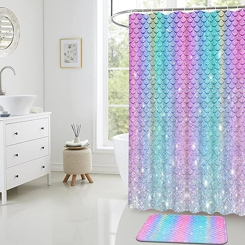 Miniatura 3 de Alishomtll Juego de 4 cortinas de ducha de sirena arcoíris para niños con alfombras, juego de baño para niñas con purpurina rosa con cortina de