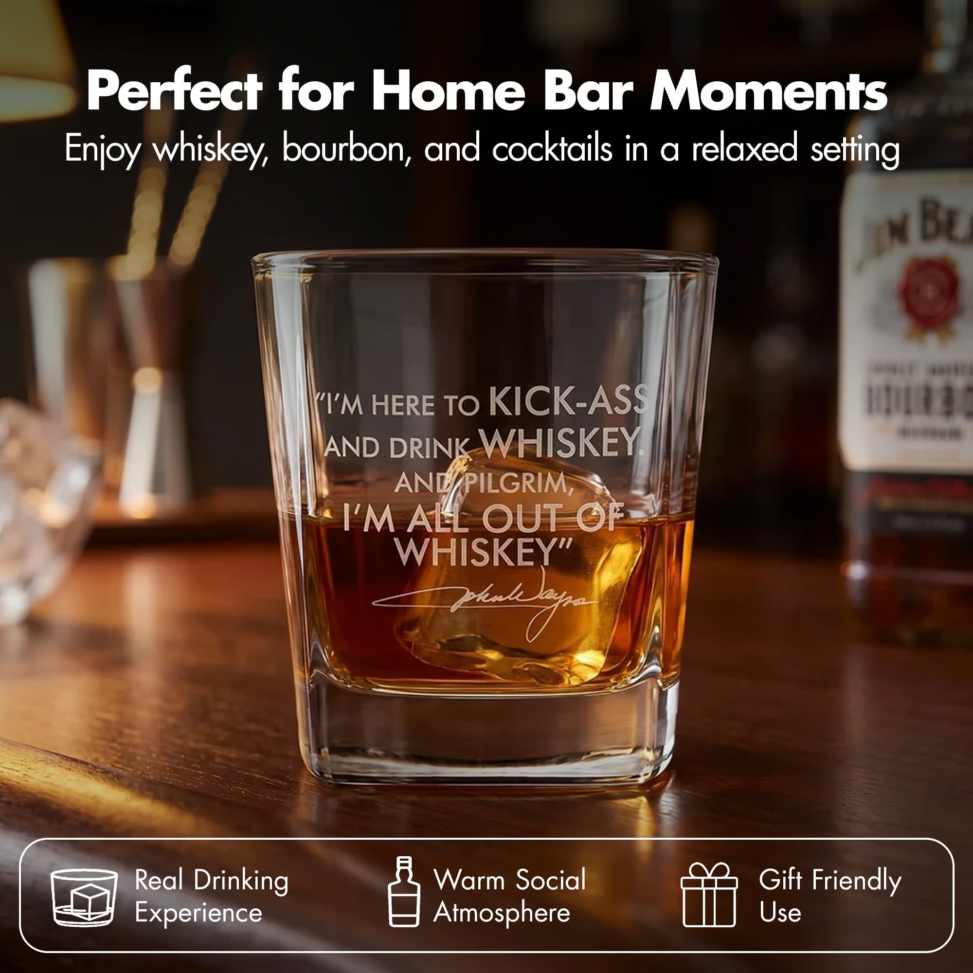 Vaso de cóctel de whisky con cita de John Wayne, copas de bourbon únicas, perfectas, divertidas e ideales como regalo para padres o abuelos, con fondo grueso, doble anticuado, 10 onzas